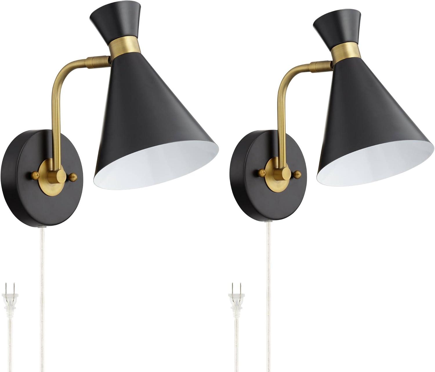 360 Lighting Venice Mid Century Modern Wall Lamps Set of 2 Matte Black Brass Plug-in 6 1/4" Light Fixture Cone Shade for Bedroom Reading Living Room