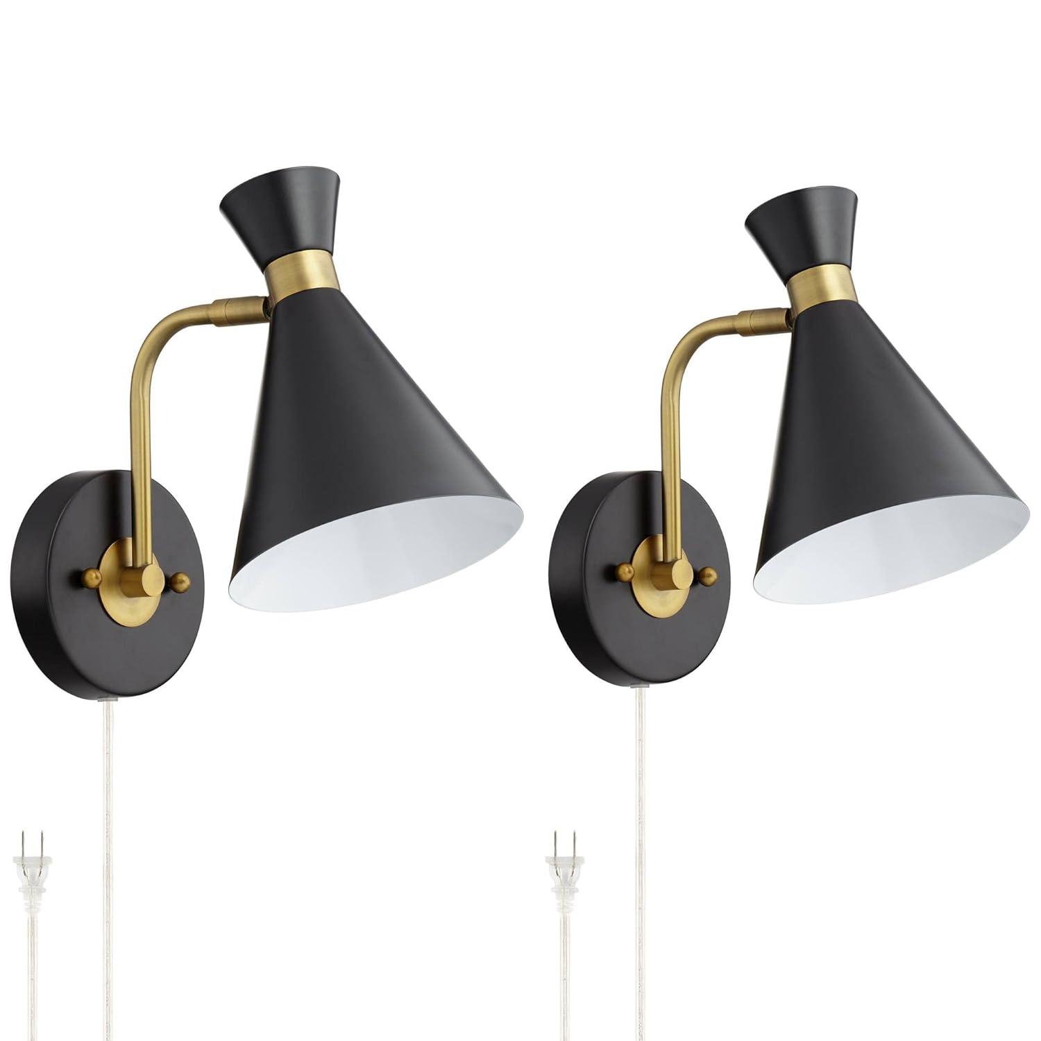 360 Lighting Venice Mid Century Modern Wall Lamps Set of 2 Matte Black Brass Plug-in 6 1/4" Light Fixture Cone Shade for Bedroom Reading Living Room