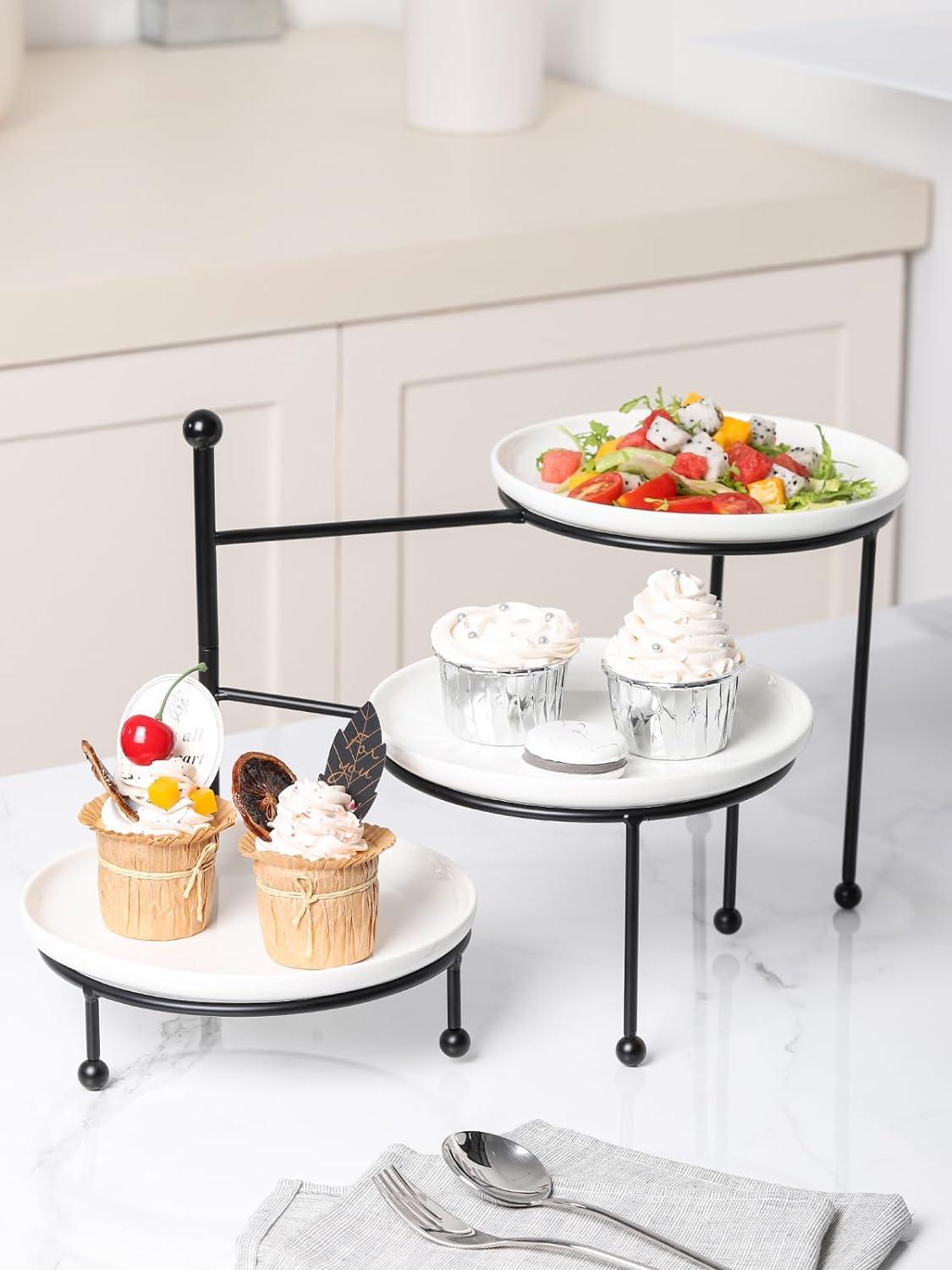 White Ceramic 3-Tier Round Serving Stand with Black Metal Frame