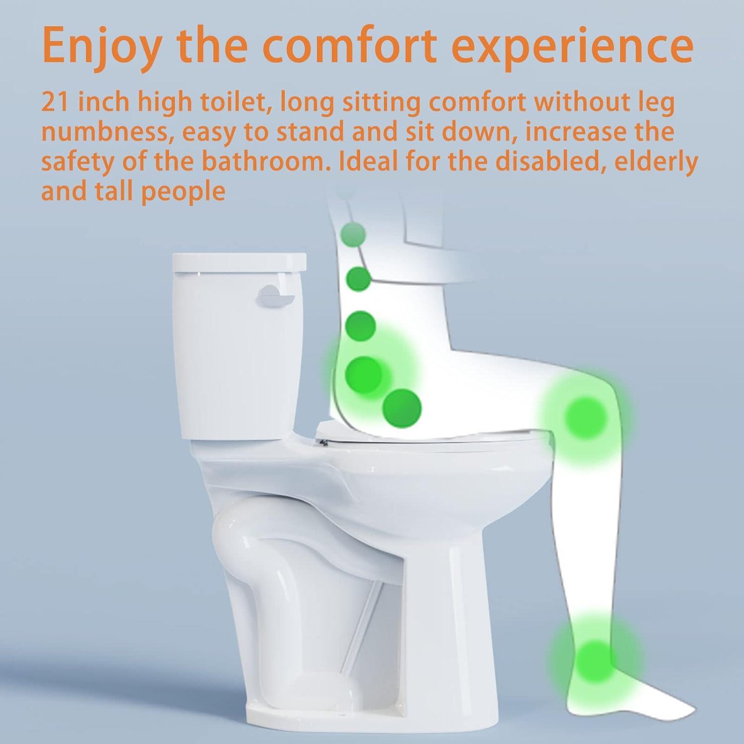 High Toilets For Seniors 21 Inch | 1.28gpf Single Flush Two-piece Extra Tall Toilets | Tall Toilet For Bathrooms Comfort Height Elongated, 12inch Rough-in Extra High Toilet For Tall People, Disabled