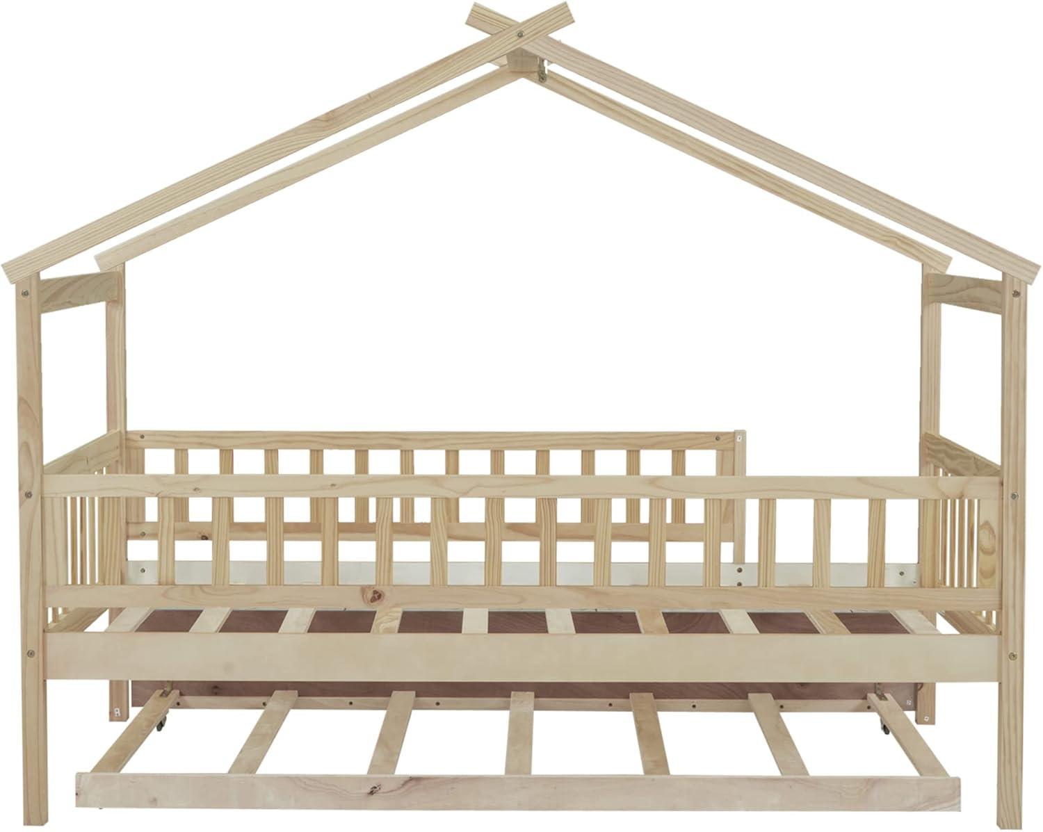 Twin House Bed with Trundle, House Bed for Kids, Wooden Daybed Twin Platform Bed Frame with Guardrails and Roof, for Girls Boys, Easy Assembly (Twin Size, Natural)