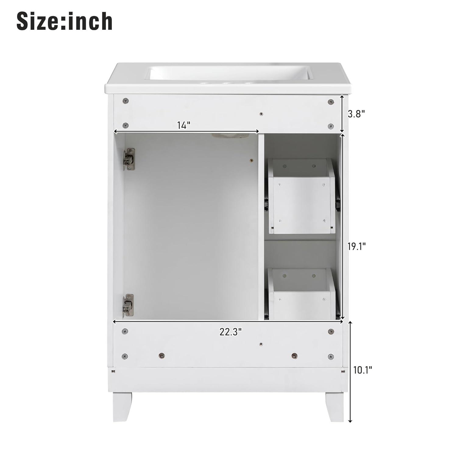 Harper & Bright Designs 24" Bathroom Vanity with Sink, Free Standing Single Basin Vanity Set with Two Drawers and One Door, Modern Wooden Bathroom Cabinet with Ceramic Basin for Bathroom, White