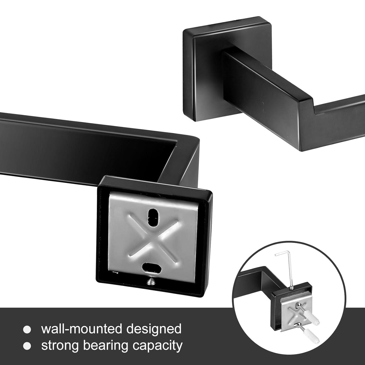 5 Pieces Square Matte Black Stainless Steel Bathroom Accessories Set Include 23.6 in Towel Bar, Toilet Paper Holder, Towel Ring, 2 Robe Towel Hooks