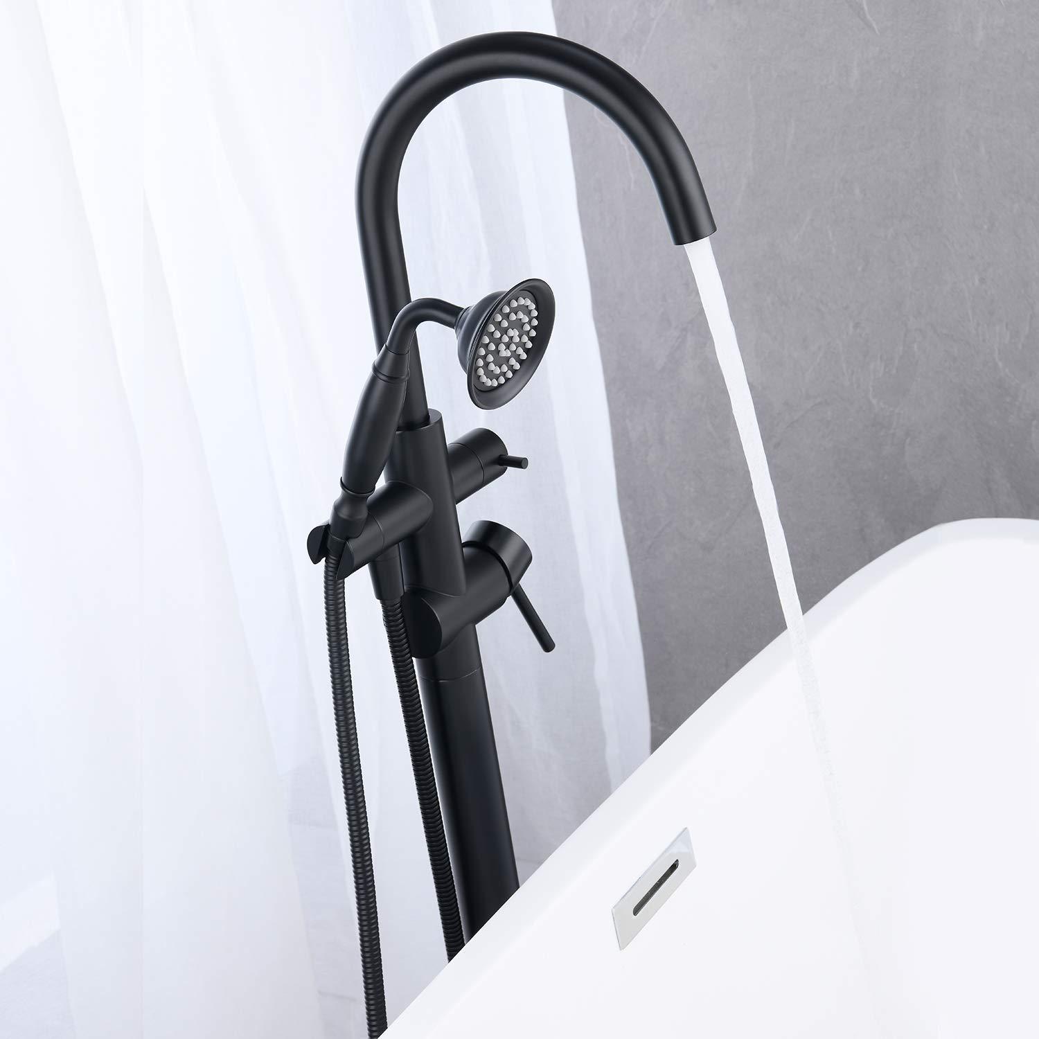 Tub Filler Freestanding Bathtub Faucet Black Floor Mounted Brass Bathroom Tub Faucets with Hand Shower
