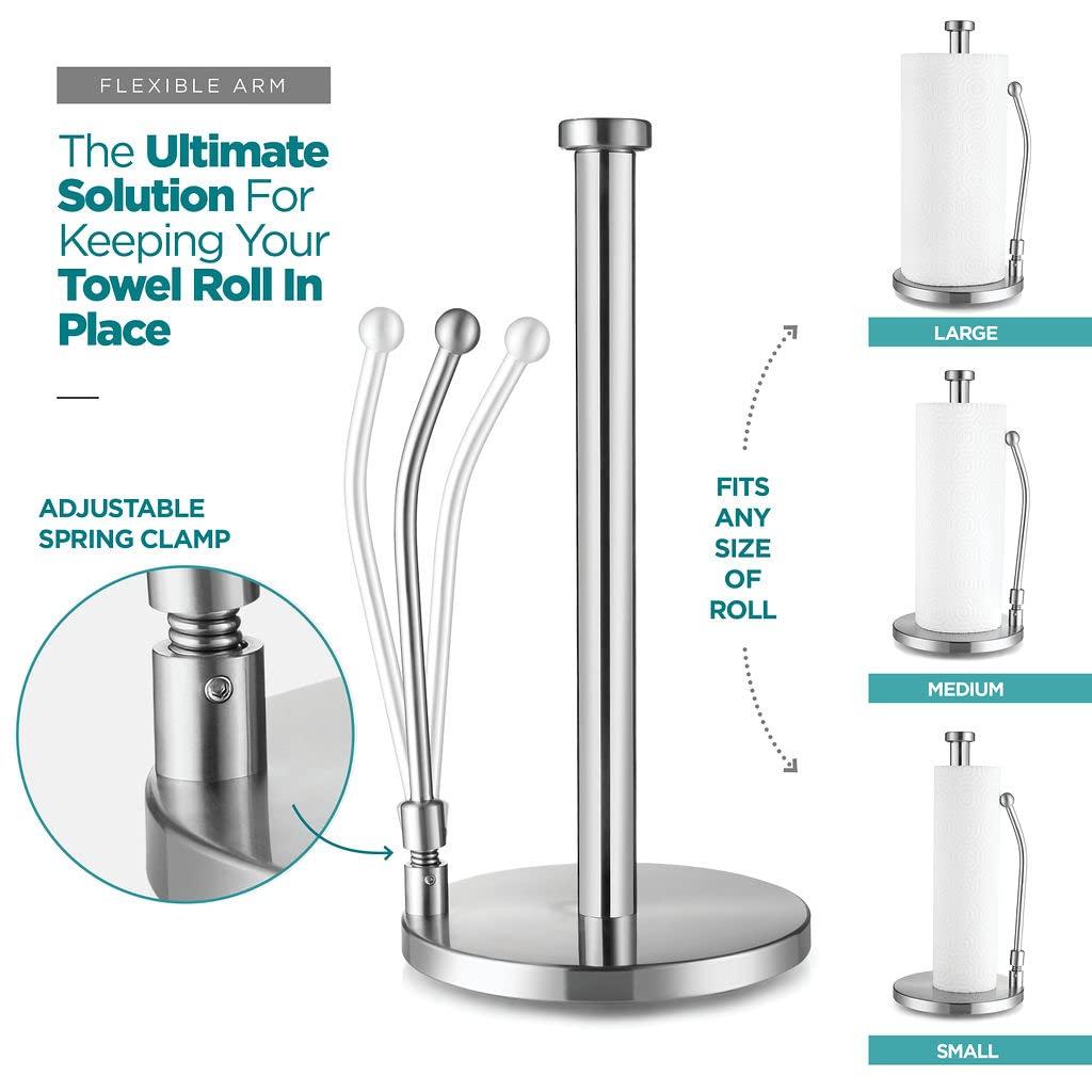 Washranp Paper Towel Holderwith Spray Bottle,Stainless Steel Easy to Tear Paper Towel Dispenser Weighted Base Adjustable Spring Arm to Hold Any Type of Paper Towels