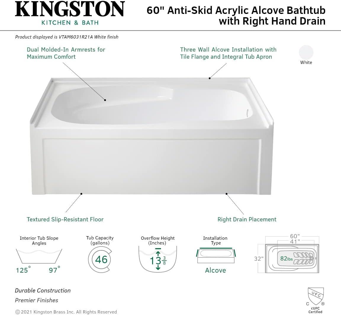 Kingston Brass Aqua Eden 60-Inch Acrylic Rectangular 3-Wall Alcove Tub with Armrests and Anti-Skid Surface