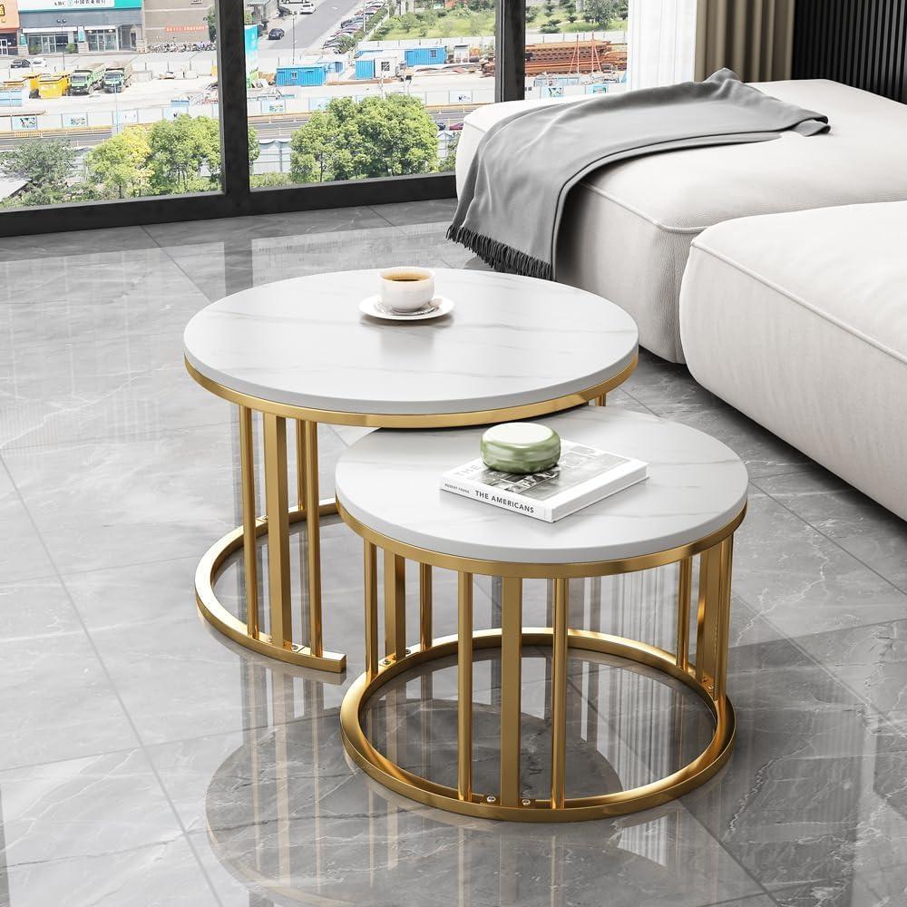 Round Nesting Coffee Table, Set of 2 Modern Coffee Table with Faux Marble Top, Gold Metal Frame White Nesting Table for Living Room, Apartment, Office (White + Gold)