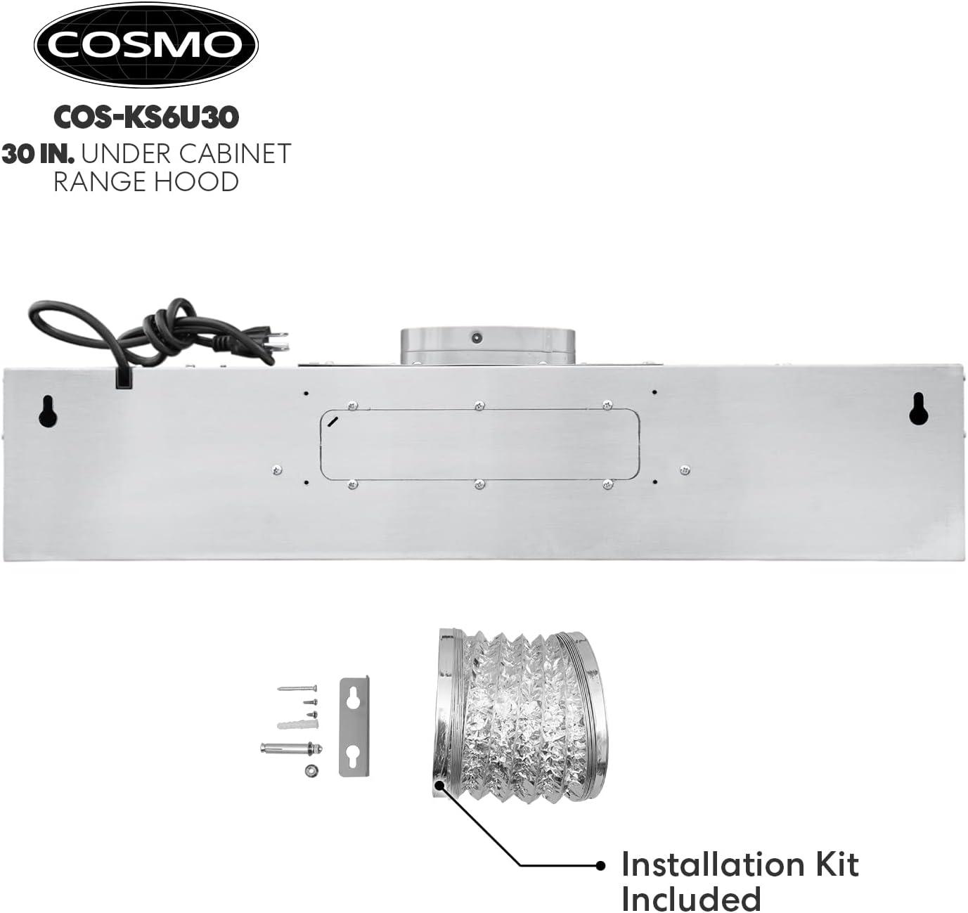 Cosmo 30" Stainless Steel 500 CFM Ducted (Vented) Under Cabinet Range Hood with Baffle Filter