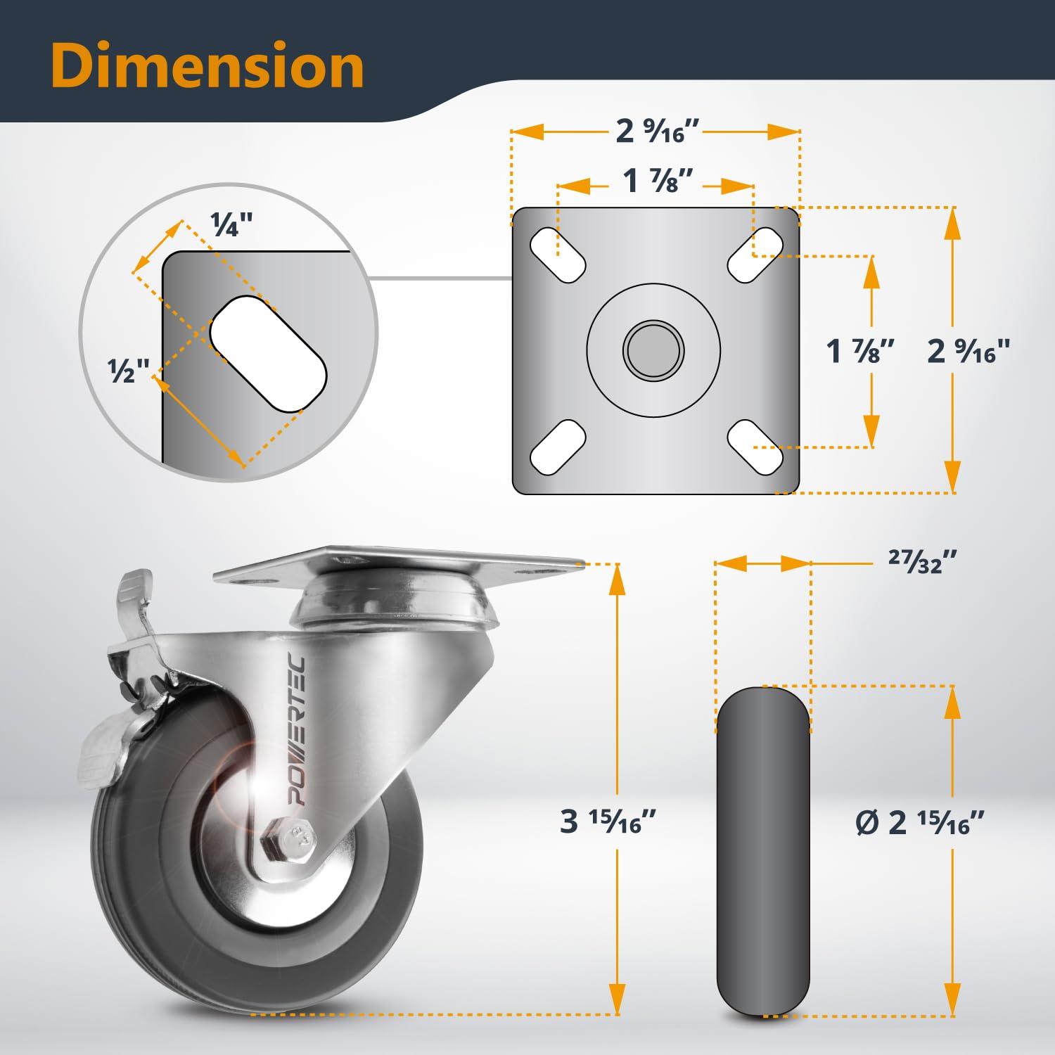 POWERTEC 4PK 3 Inch Heavy Duty Dual Locking Swivel Plate Caster Wheels with 640 lbs Total Loads, Industrial Castor Wheels for Workbench, Dolly, Cart & Furniture (17023-P4)