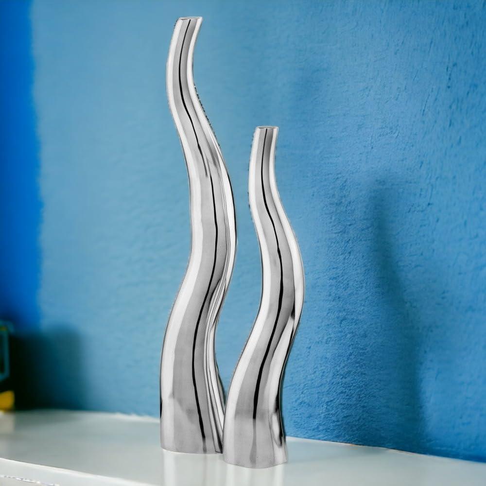 Modern Day Accents Curva Tall Set of 2, Silver, Aluminum, Contemporary, Modern, Wiggly, Popular, Glam, Floor Standing, Lg 6 32, Sm Vase: 5‚Äù x 3.5‚Äù x 24