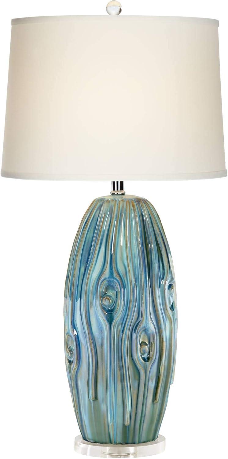 Possini Euro Design Eneya Modern Coastal Table Lamp 31" Tall Ceramic Blue Green Swirl Glaze Neutral Oval Shade for Bedroom Living Room Nightstand Home