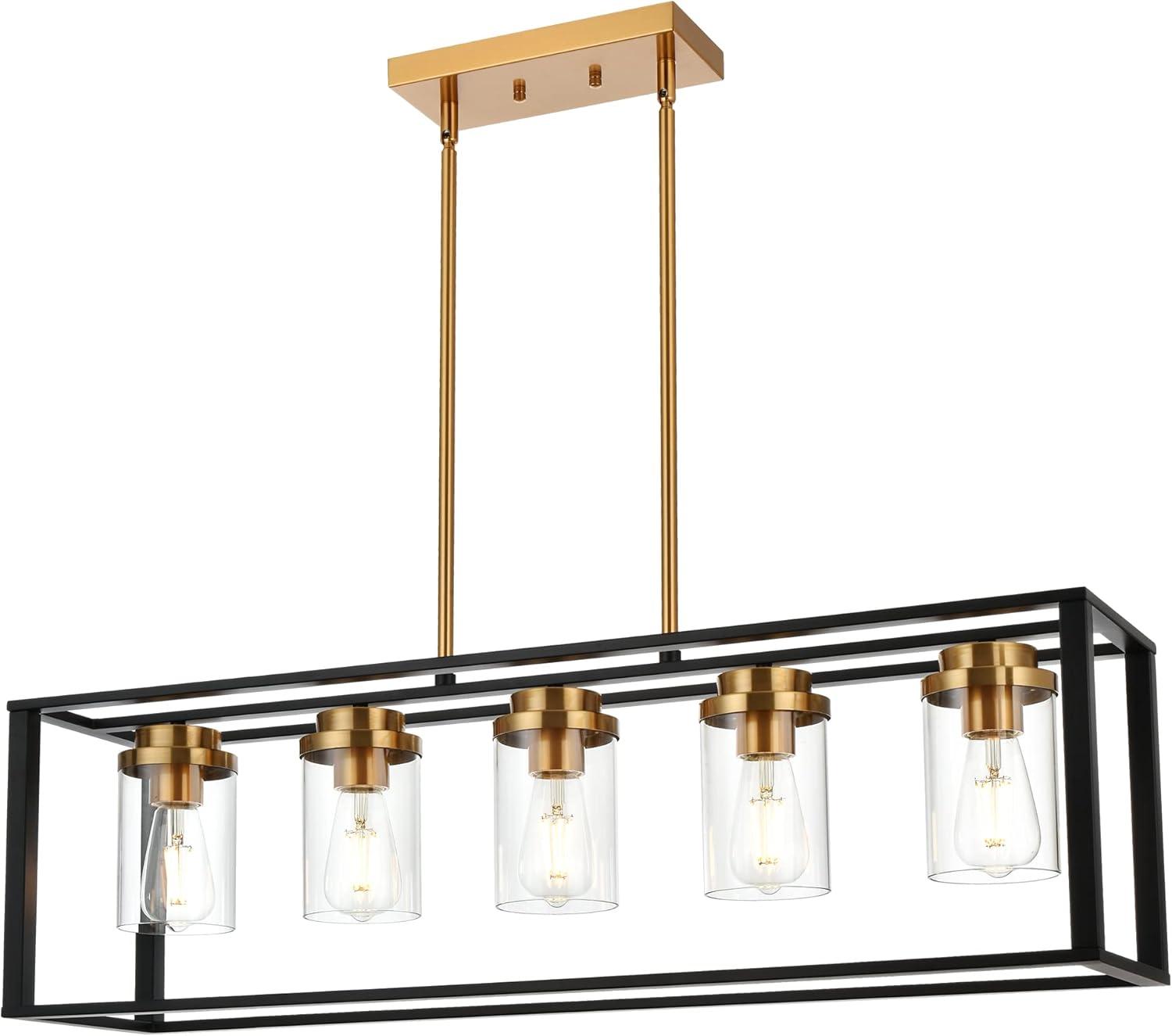 Modern Black and Brass 5-Light Island Chandelier with Glass Shades