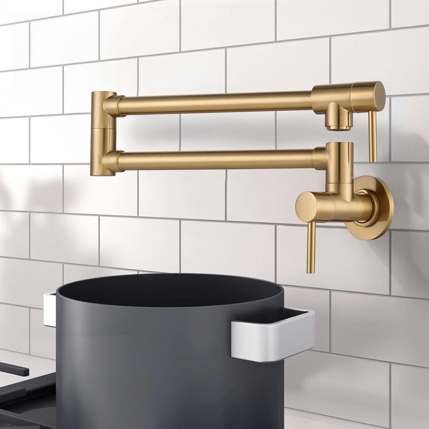 Brushed Gold Wall Mount Double Handle Pot Filler Faucet