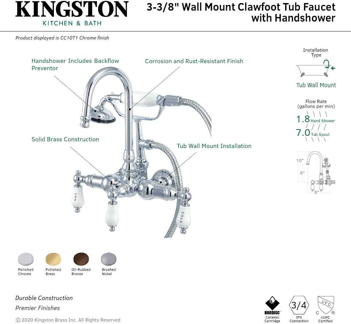 Kingston Brass Vintage Three-Handle 2-Hole Tub Wall Mount Clawfoot Tub Faucet with Hand Shower