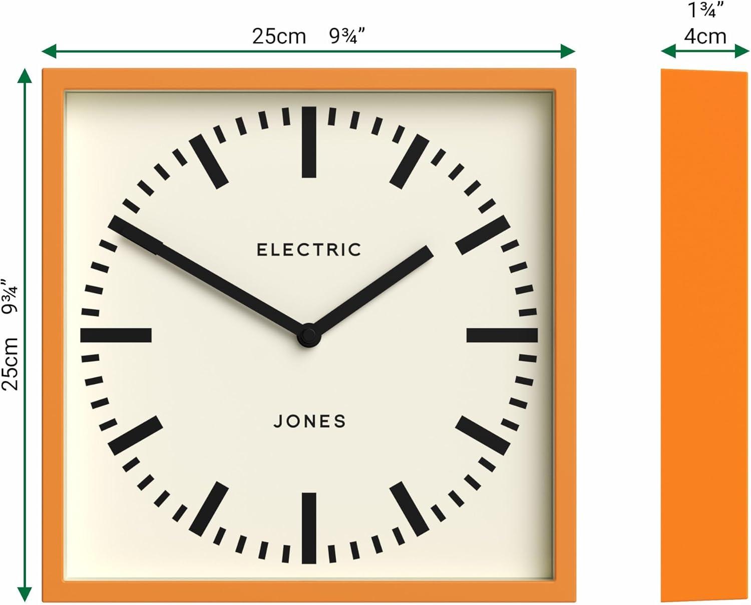 JONES CLOCKS® Box Railway Wall Clock | Square Station Clock | 10 inch | Cool Designer Look for Kitchen, Living Room or Office (Orange)