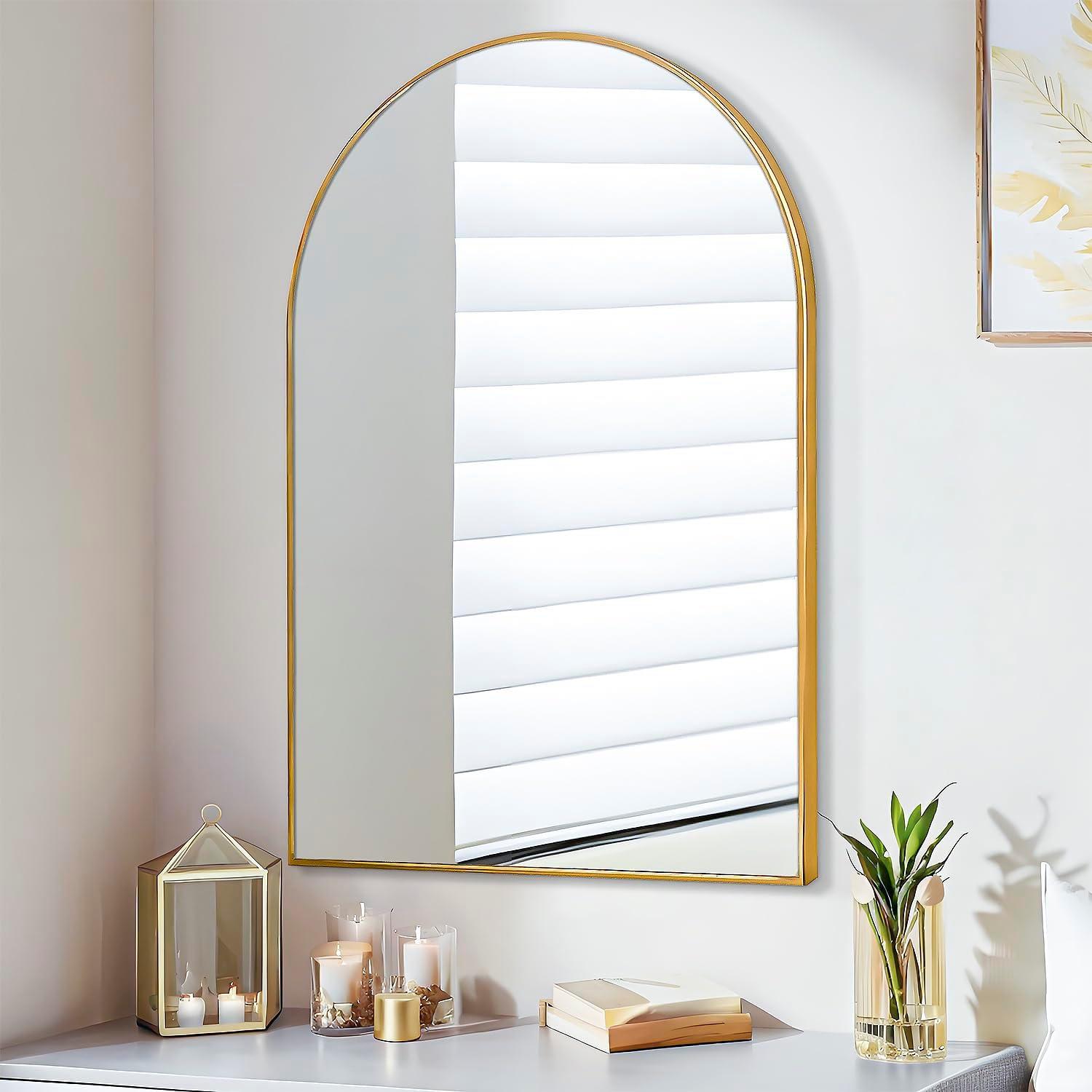 Luxhomez 36" x 24" Arch Wall Mirror for Vanity/ Bathroom, Metal Bathroom Mirror with Waterproof Aluminum Alloy Frame, Gold