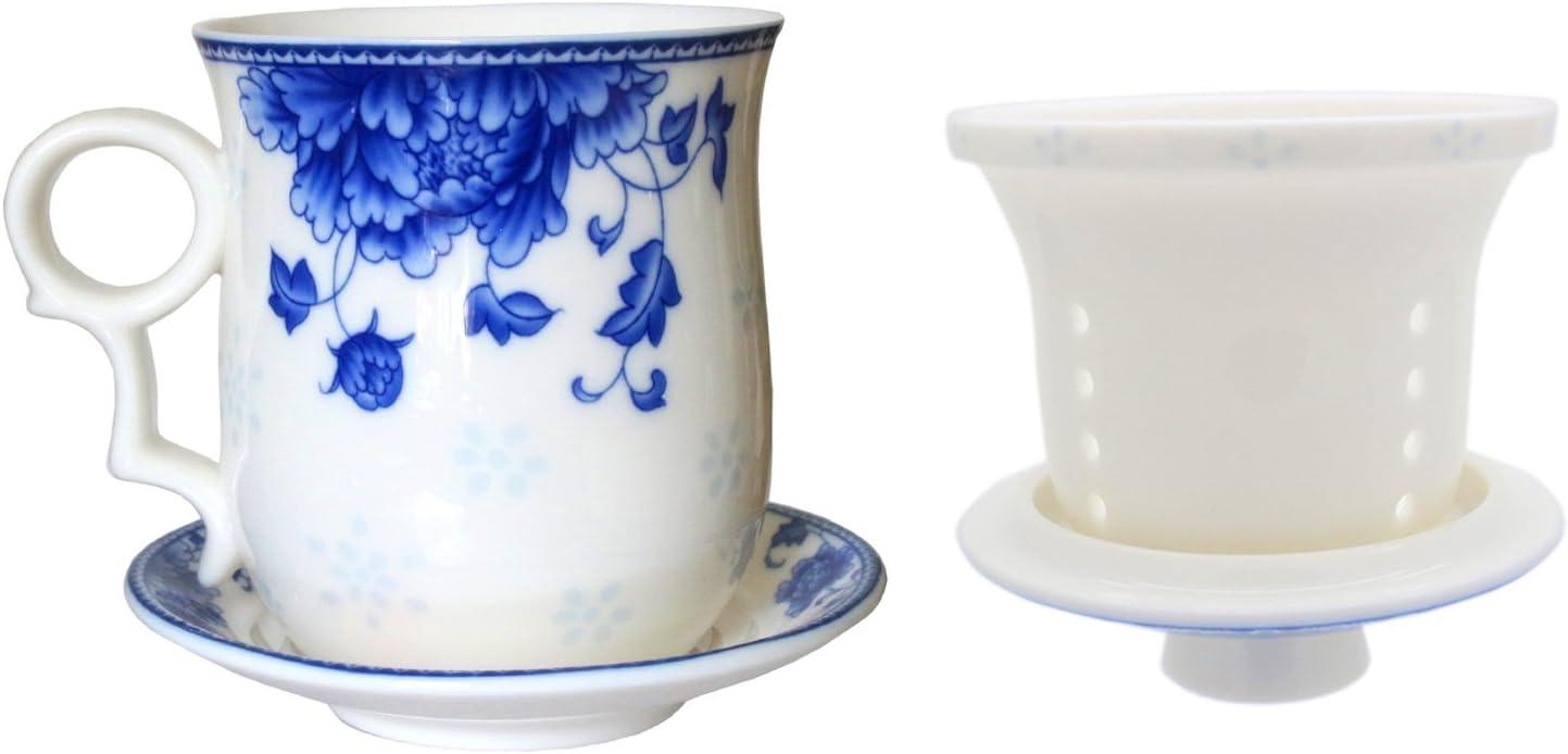 Porcelain Tea Cup with Infuser Lid and Saucer Sets - Chinese Jingdezhen Ceramics Coffee Mug Teacup Loose Leaf Tea Brewing System for Home Office