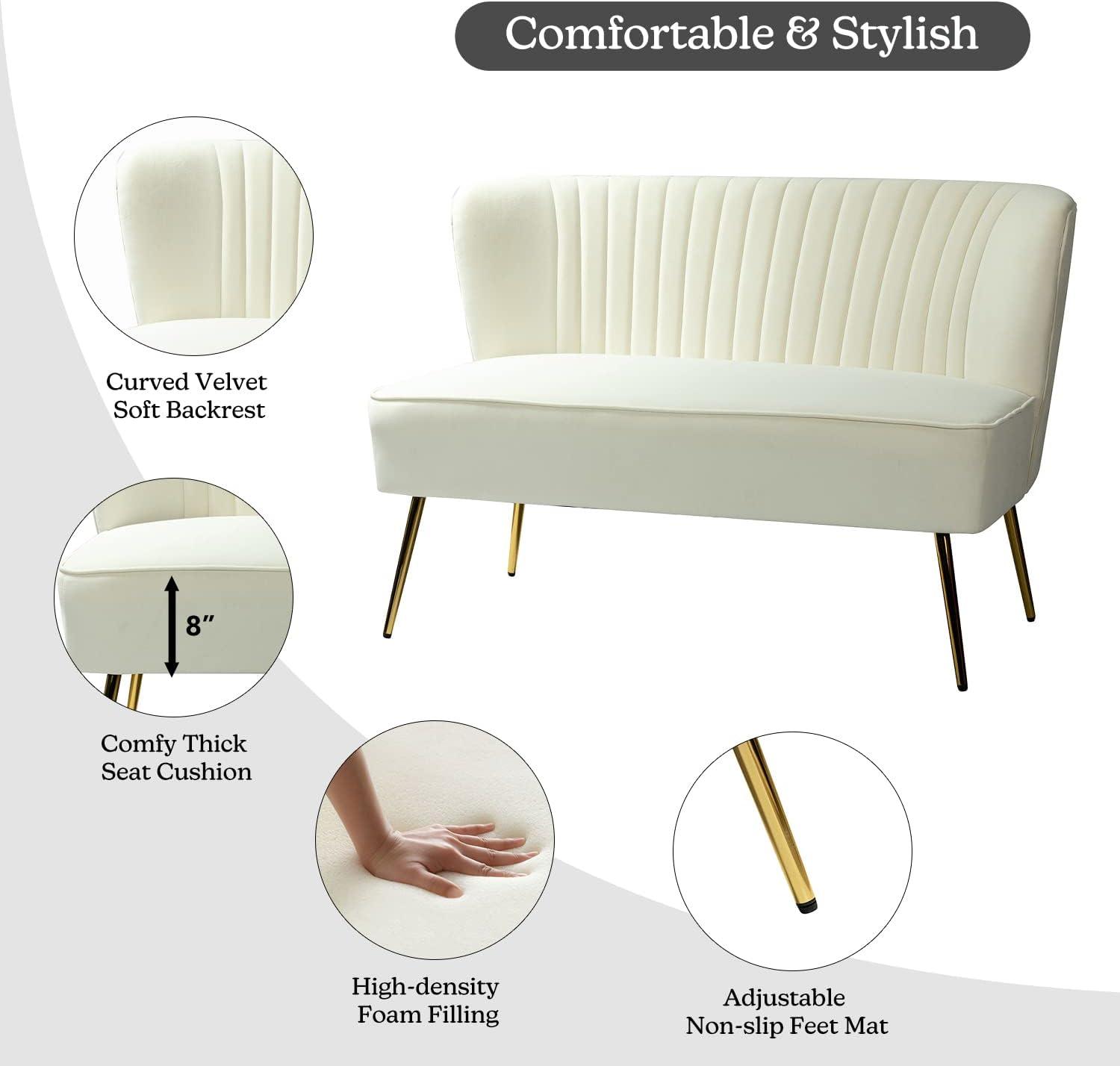 Velvet Sofa 2 Seater Upholstered Loveseat Living Room Chair White Tufted Back Home Bedroom Ivory