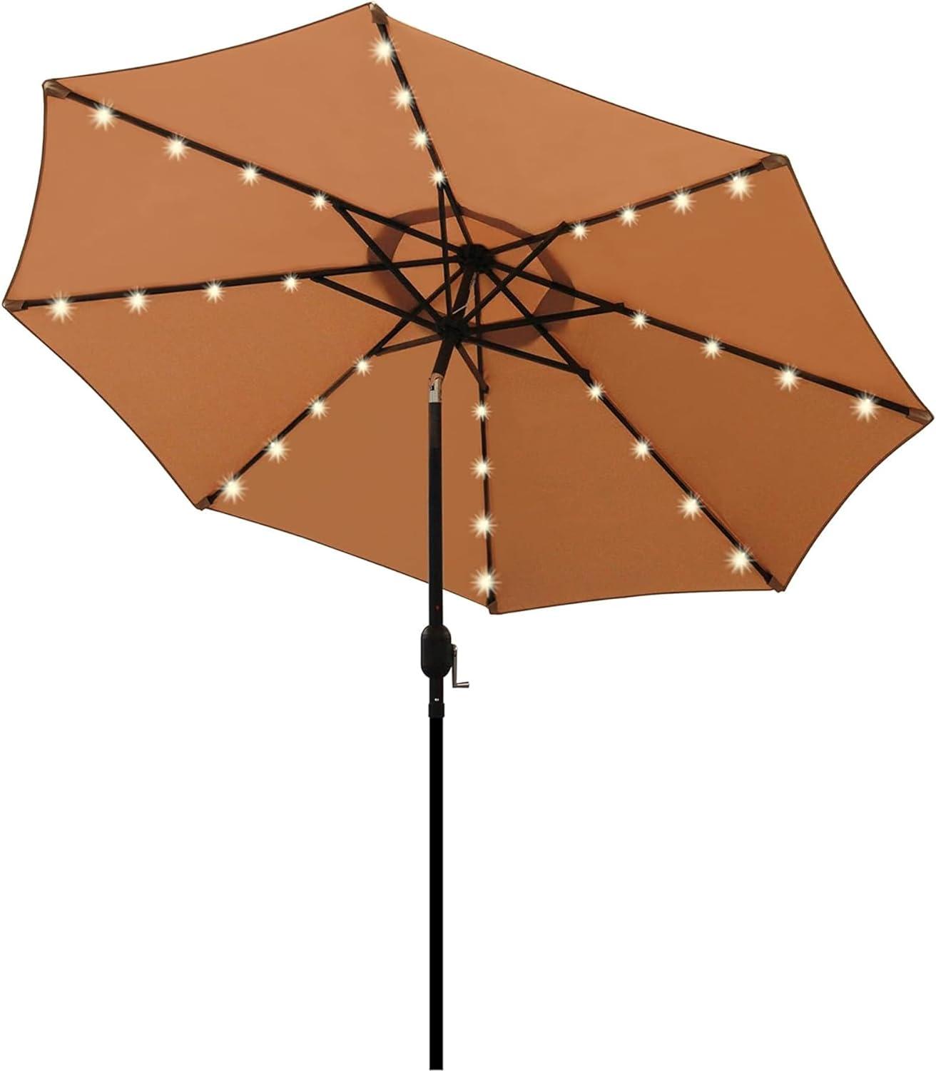 Tan 9 ft Round LED Lighted Market Umbrella with Black Aluminum Pole