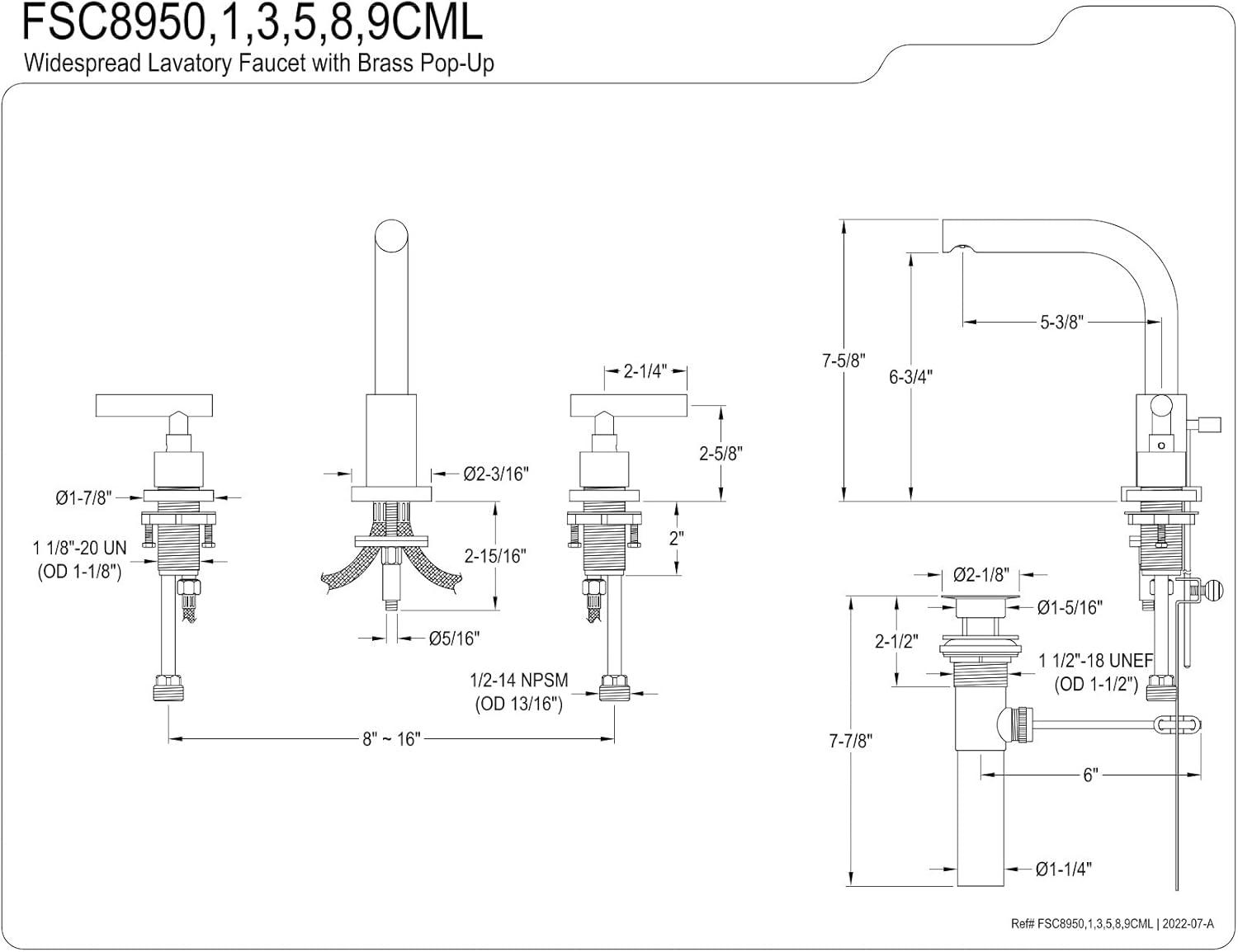Kingston Brass FSC8958CML Kingston Brass Manhattan Two-Handle 3-Hole Deck Mount Widespread Bathroom Faucet with Brass Pop-Up Drain