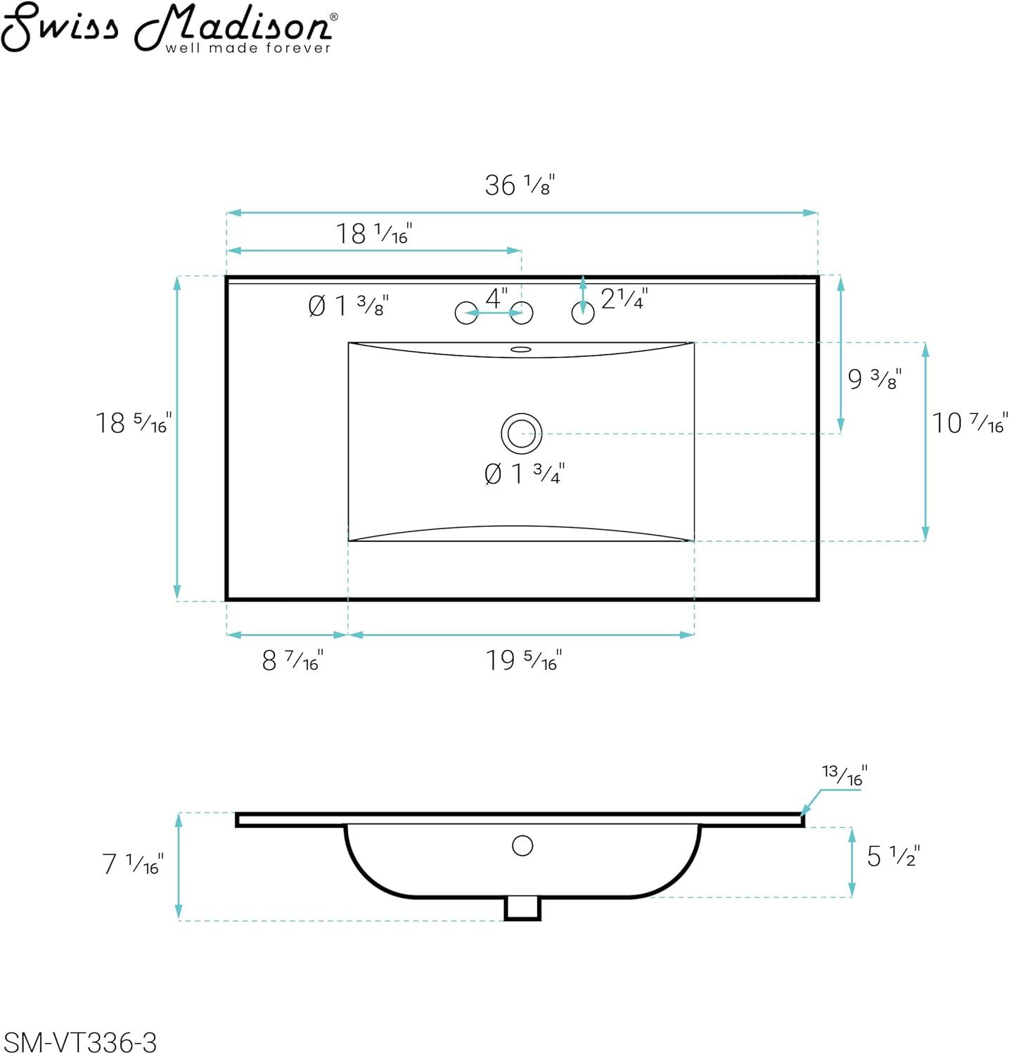 Swiss Madison 36" Zero Hole Vanity Sink Top In Glossy White
