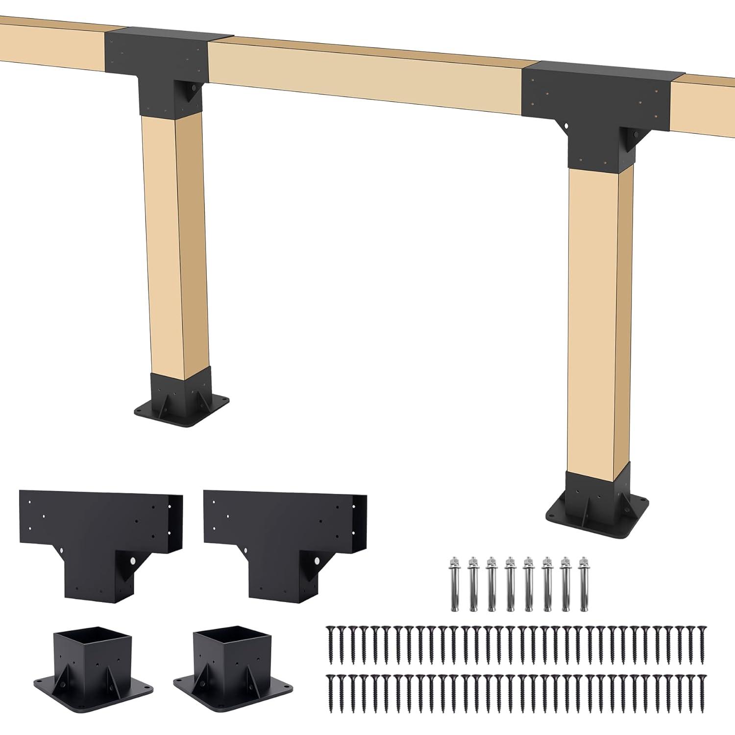 Pergola Kit Elevated Wood Stand Kit Woodwork for 4"x 4" (Actual 3.5" x 3.5"), Solid Steel Wooden Gazebo Kit for Outdoor 4-Way Right Angle Corner Bracket and Base Brackets - Includes Screws