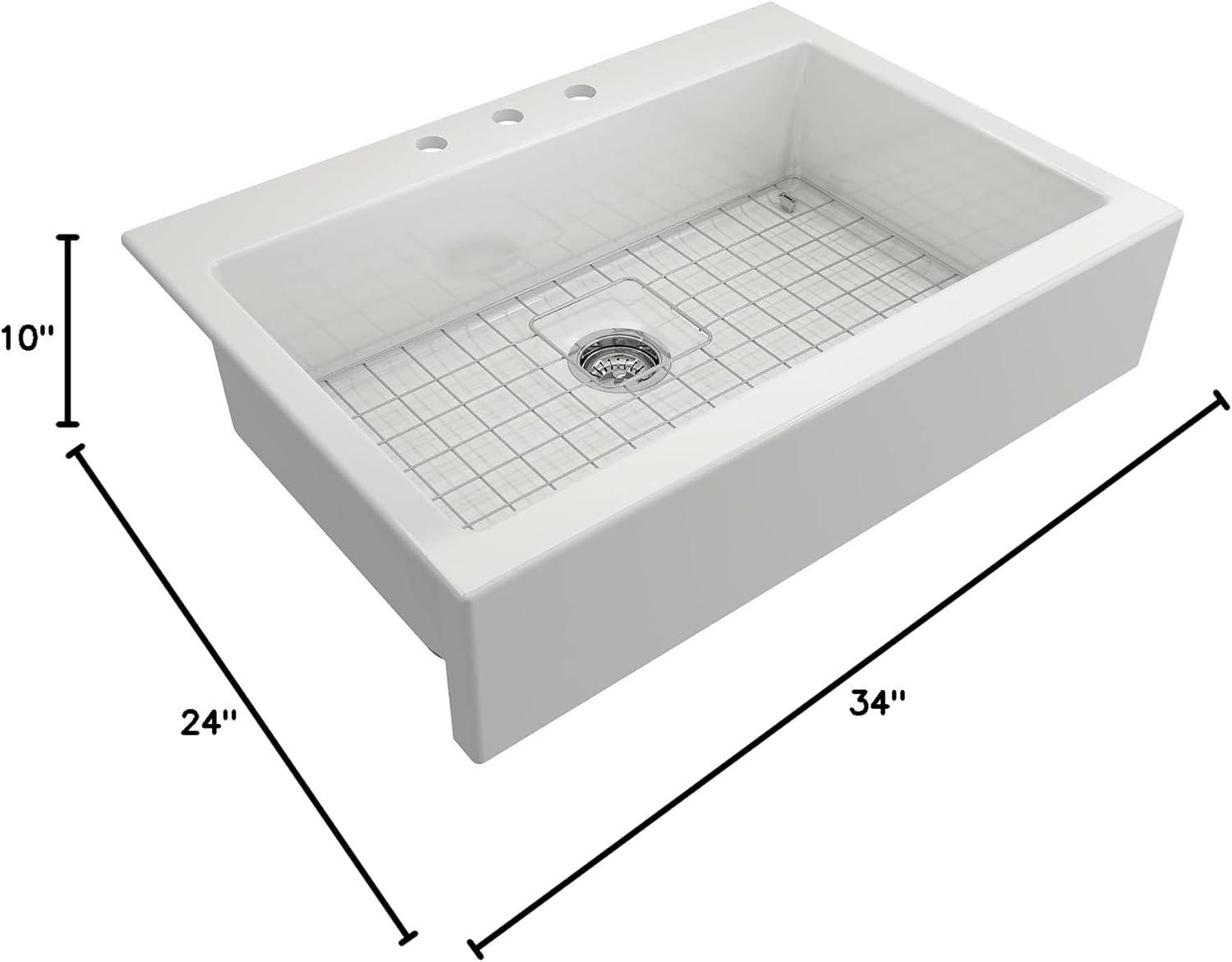 White Fireclay Single Bowl Farmhouse Drop-In Sink with Chrome Faucet