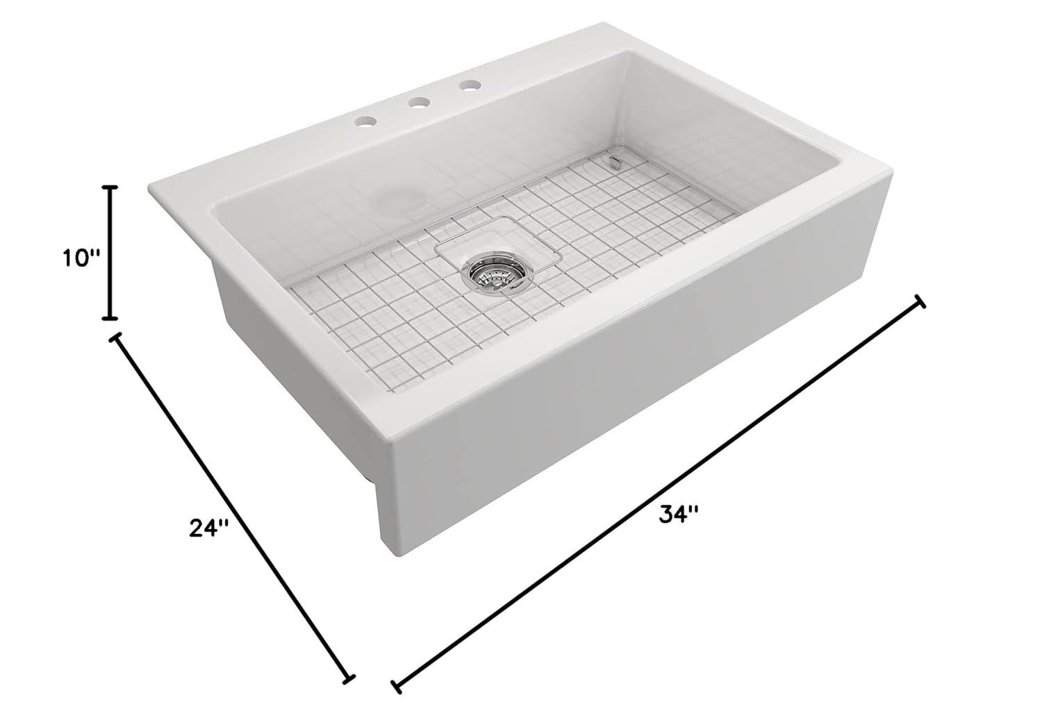 BOCCHI Nuova Apron Front Drop-In Fireclay 34 in. Single Bowl Kitchen Sink with Protective Bottom Grid and Strainer in White