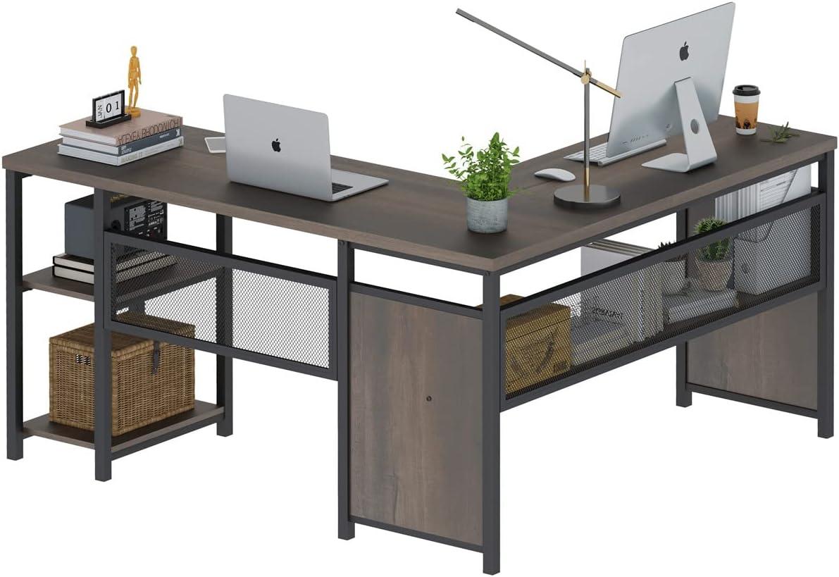 FATORRI L Shaped Computer Desk, Industrial Home Office Desk with Shelves, Reversible Wood and Metal Corner Desk (Walnut Brown, 59 Inch)
