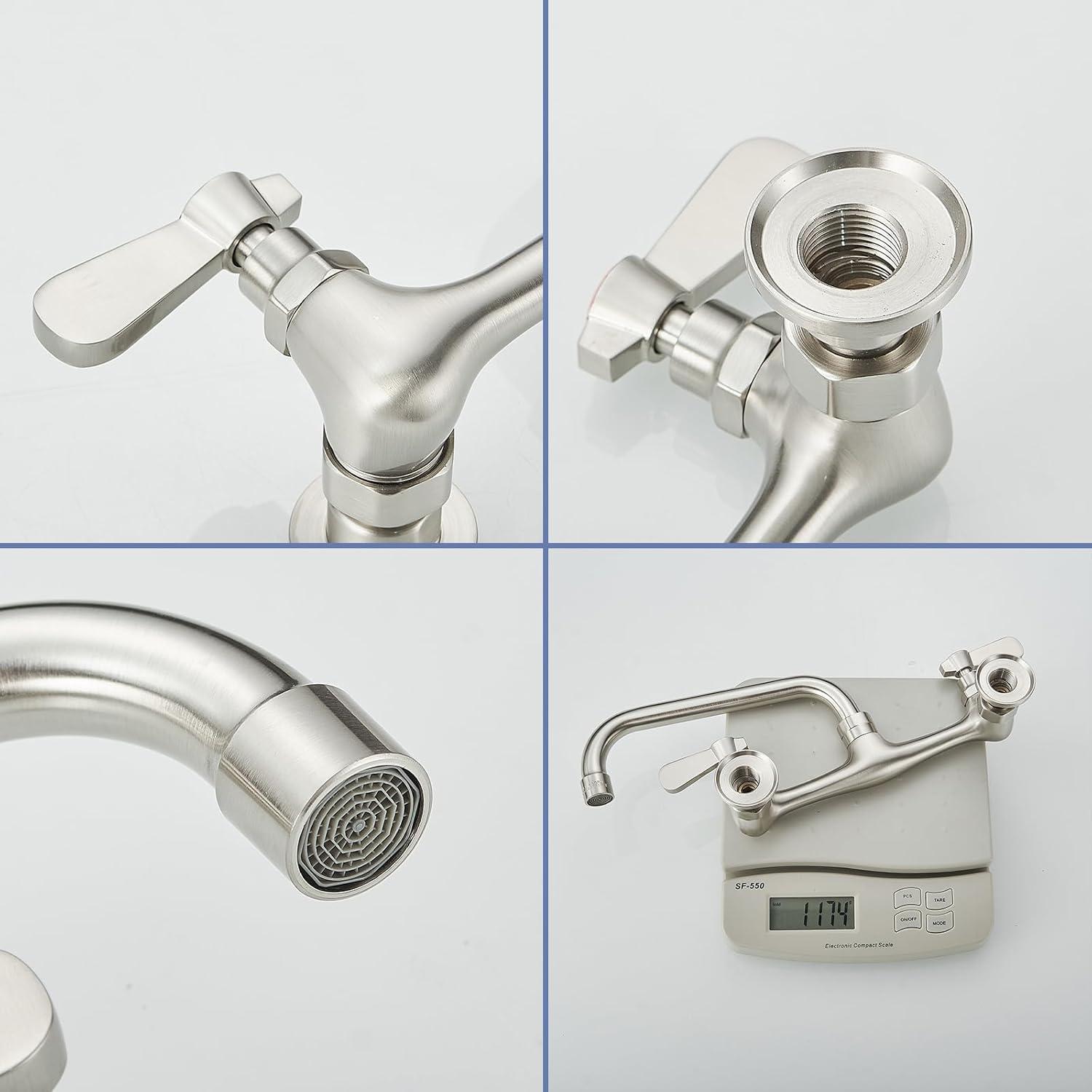 BWE Double Handles Wall Mount Modern Standard Kitchen Faucet With 8 Inch Swivel Spout 8" Center