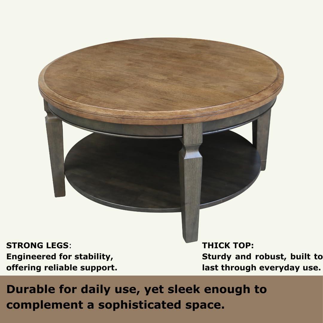 Vista Round Coffee Table Hickory Brown - International Concepts: Solid Wood, Mid-Century Modern, Fixed Shelf
