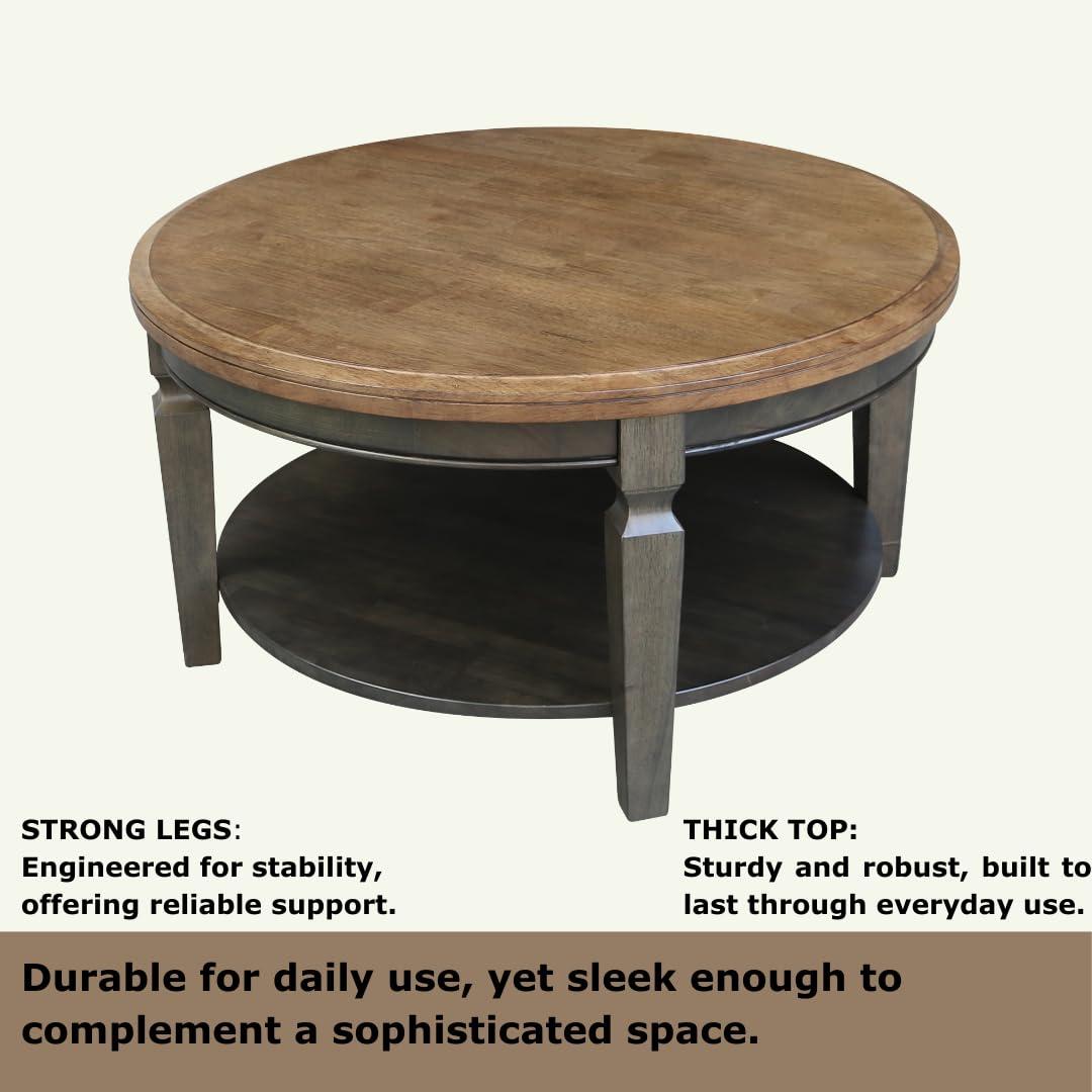Vista Round Coffee Table Hickory Brown - International Concepts: Solid Wood, Mid-Century Modern, Fixed Shelf