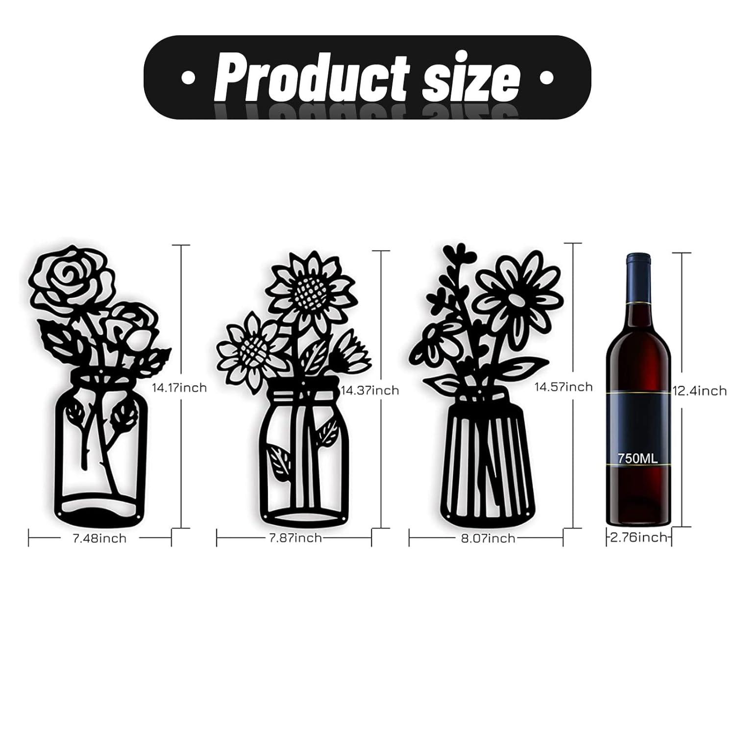 3 Pieces Black Metal Flowers Wall Decor Vase Art Sculptures Hanging for Indoor Kitchen Bathroom Dining Room Patio, 14.56x7.48 Inches
