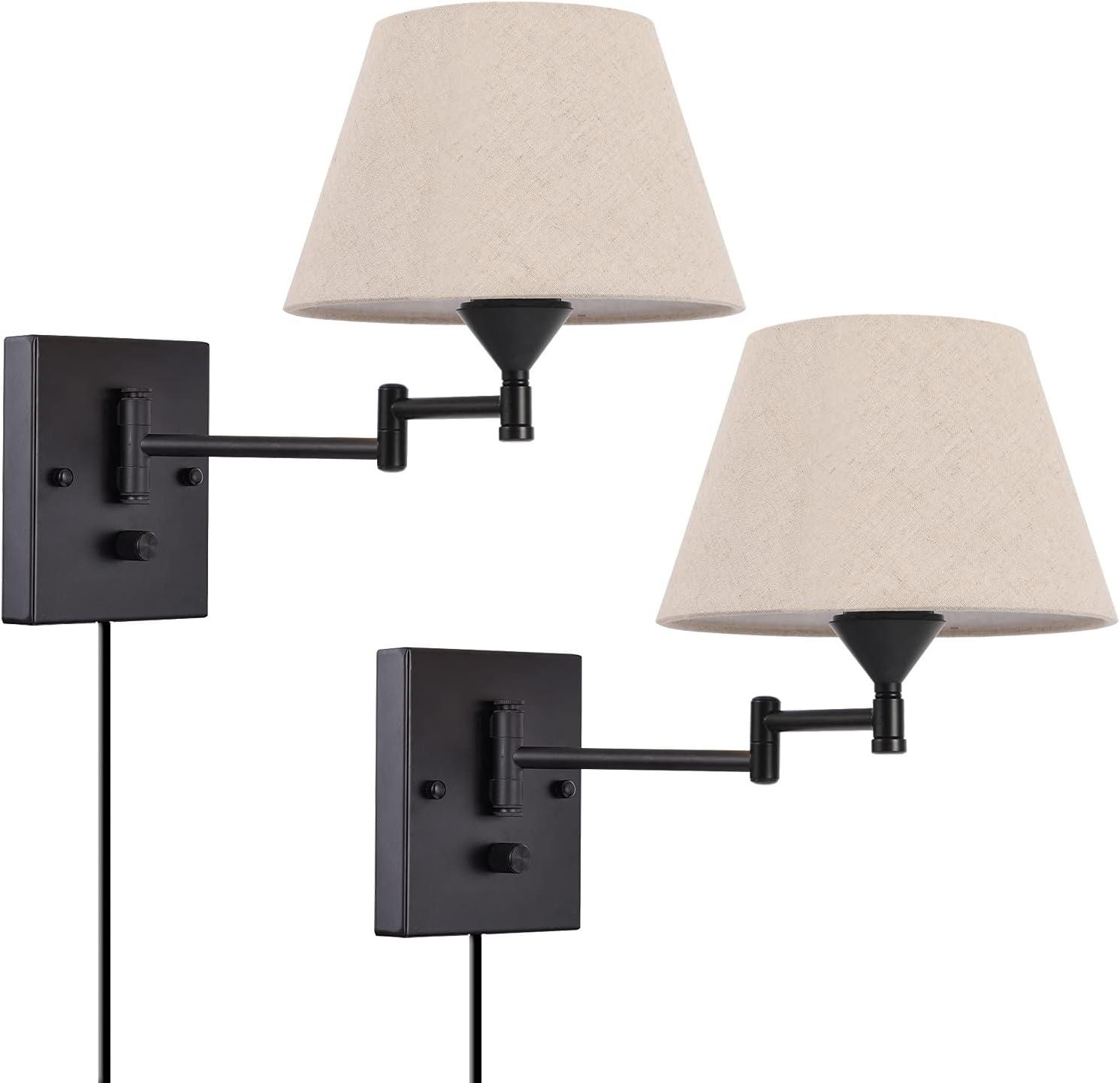 Black Metal Swing Arm Wall Sconce with White Fabric Shade