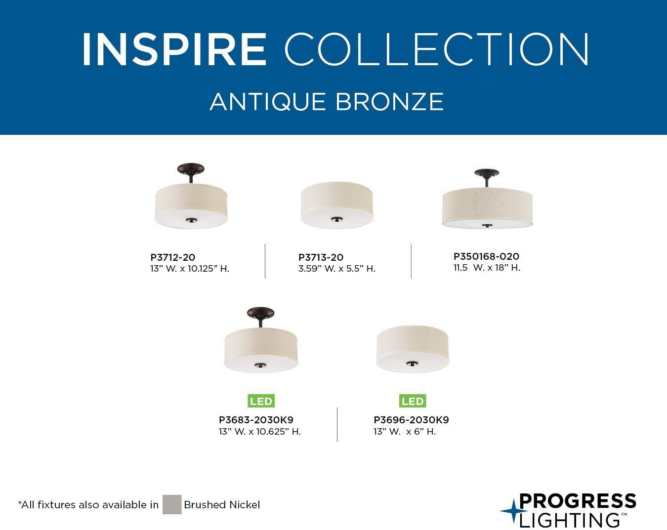 Progress Lighting, Inspire Collection, 3-Light Semi-Flush Mount, Antique Bronze, Off-White Linen Shade