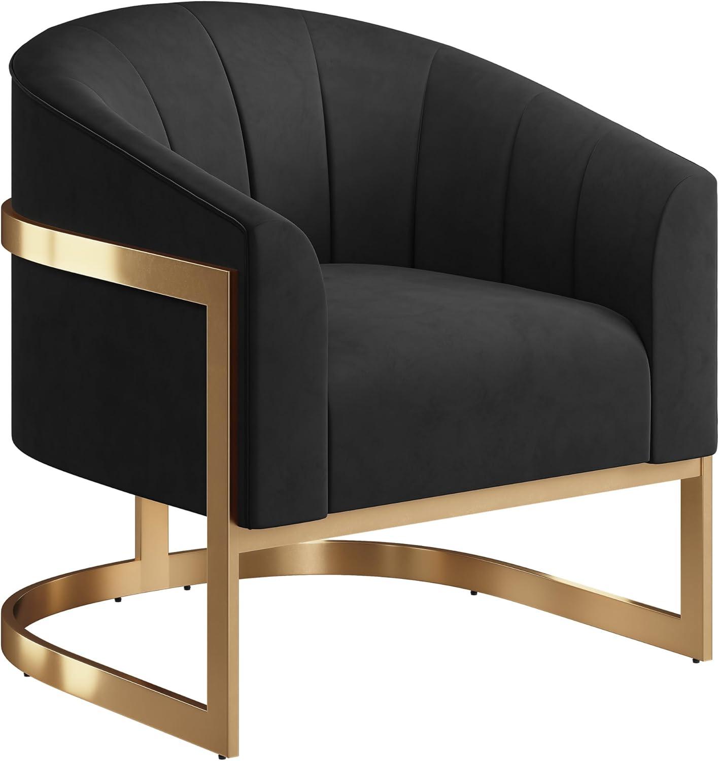 BELLEZE Upholstered Accent Chair, Modern Velvet Barrel Chair Comfy Lounge Room Chair Arm Chair with Gold Stainless Base for Living Room Bedroom [Set of 2] - Alfred (Black)