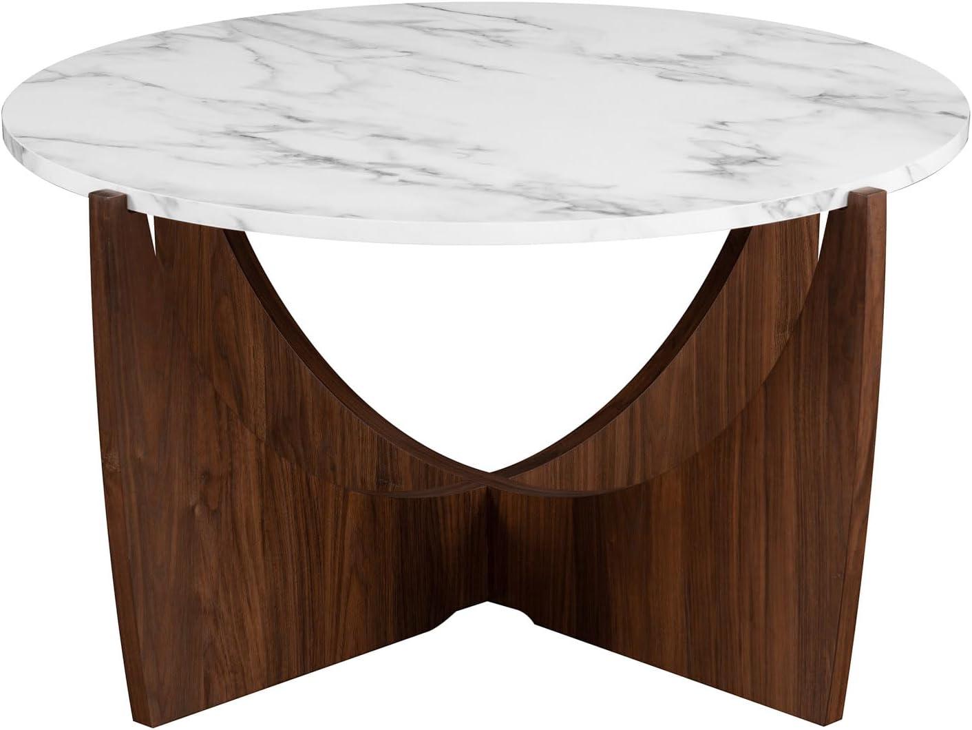 Walker Edison Modern Round Scoop-Base 35” Coffee Table - Calacatta Marble/Dark Walnut