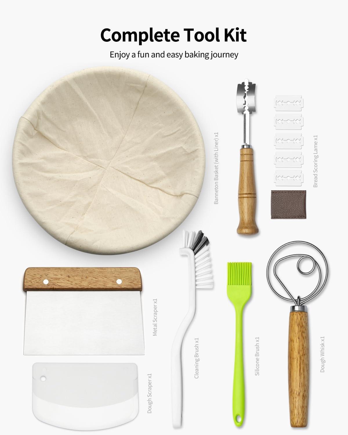 Banneton Bread Proofing Basket, 9 Inch Round Sourdough Starter Kit For Baking Fermentation, Bread Making Supplies Tools Set, Sourdough Bread Baking Supplies Accessories, Rattan Basket Gift Set