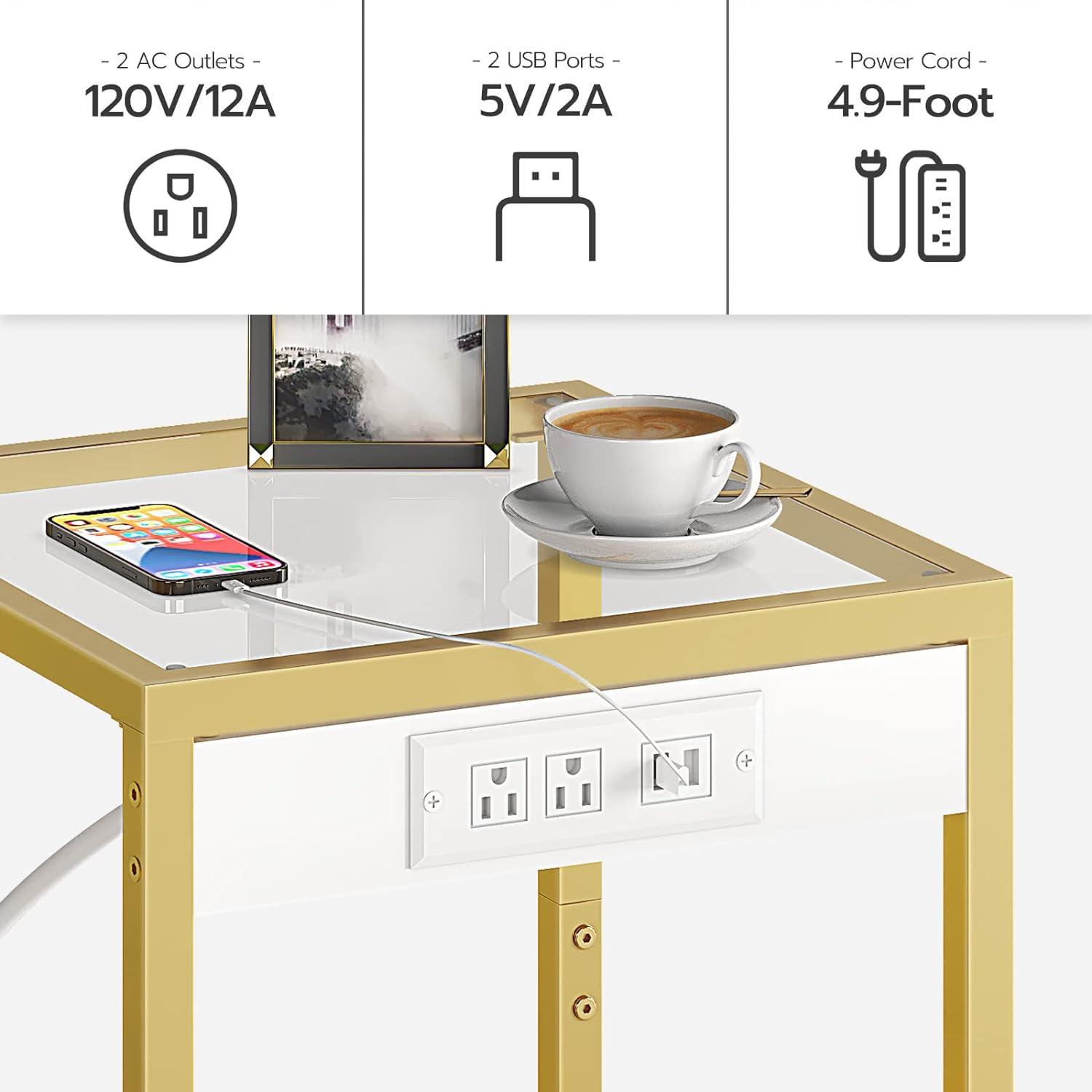 Side Table with Charging Station, Set of 2 End Tables with USB Ports, Nightstand for Tight Spaces, Tempered Glass, Modern Metal Frame, for Office, Bedroom, Living Room, Gold