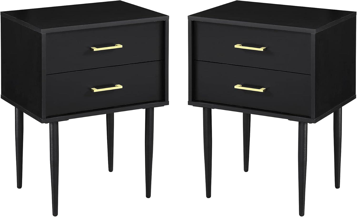 Evie 20" Solid Black Mid-Century Modern 2-Drawer Nightstand Set