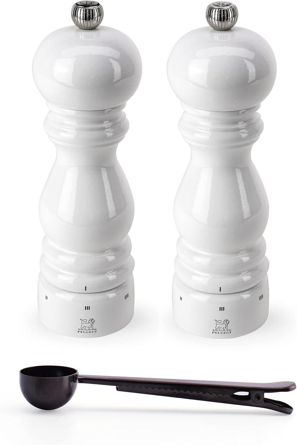 White Lacquered Wood Salt & Pepper Mill Set with Stainless Steel Scoop