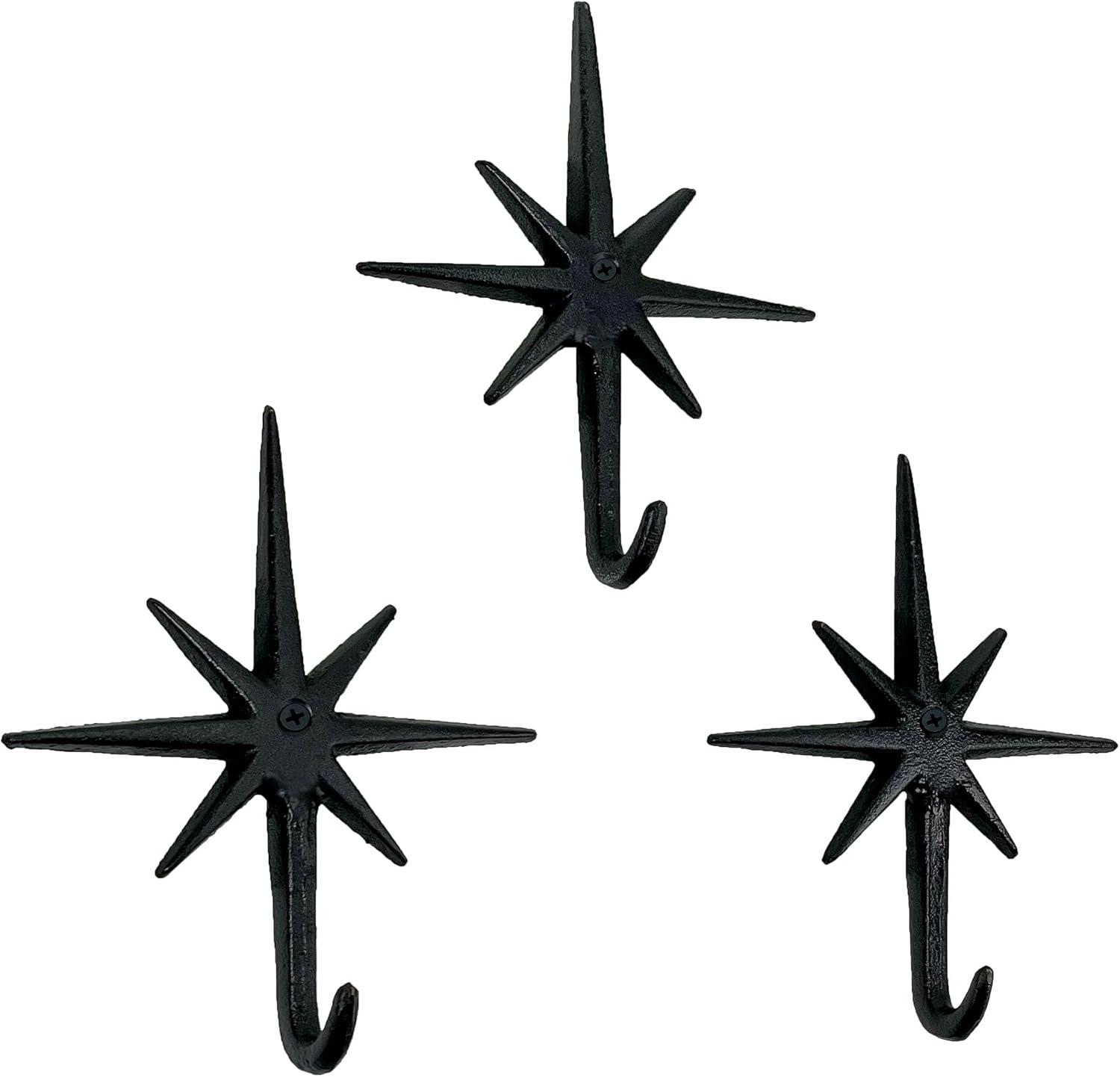 Zeckos Set of 3 Black Finish Cast Iron Atomic Starburst Wall Hooks - Black - Size 6.75 inch