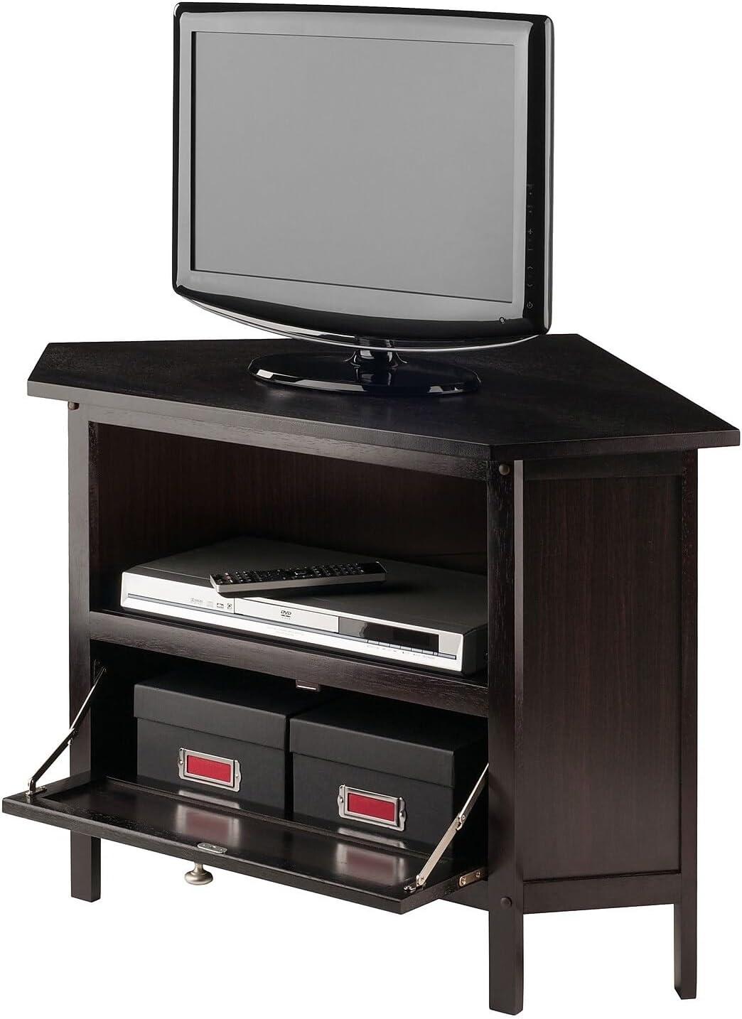 Winsome Zena Corner TV Stand for TVs up to 27" Espresso: Mid-Century Modern, Open Shelving, MDF Wood