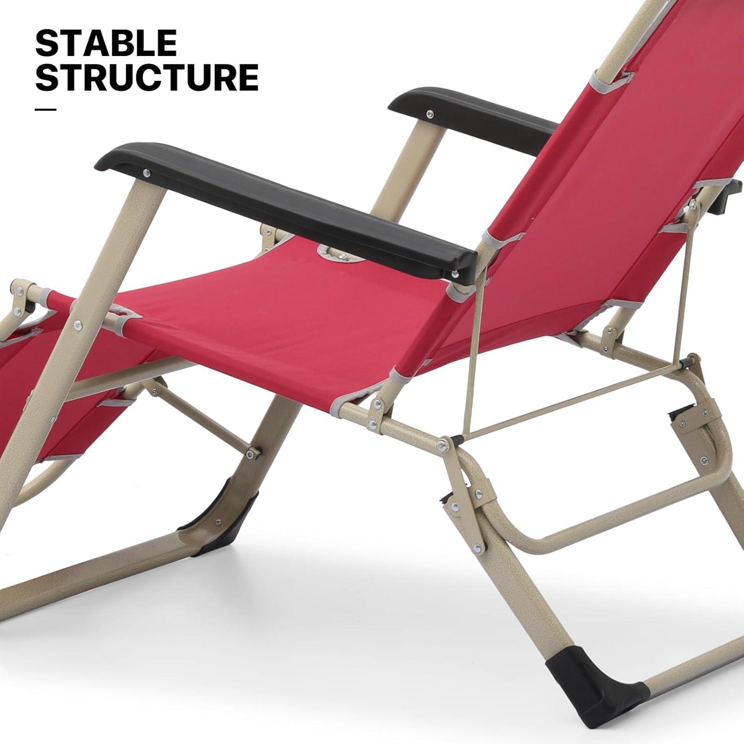 MoNiBloom Lounge Chair with Adjustable Headrest, Outdoor Foldable Recliner, Folding Reclining Lounger for Adults, Support 330lbs, Maroon