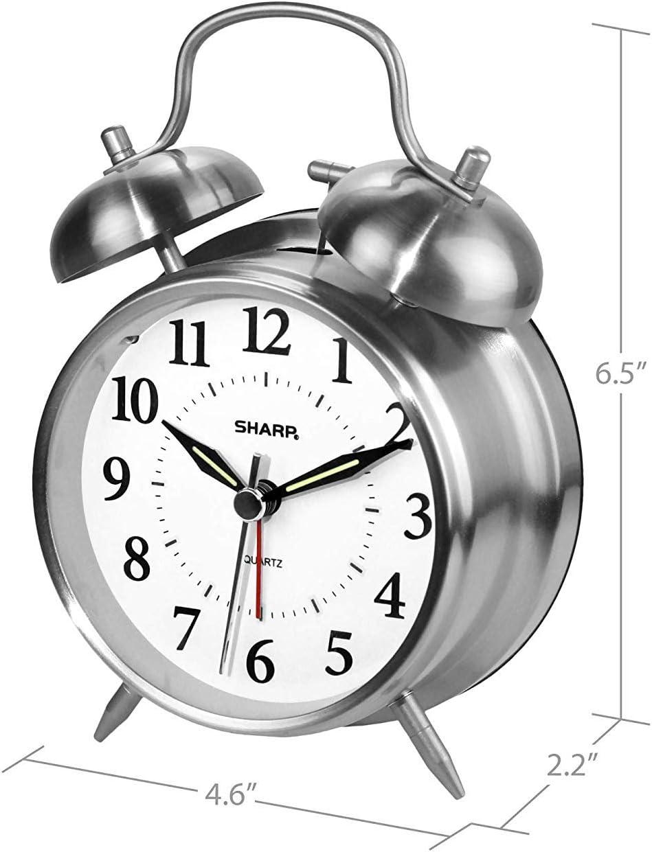 SHARP Twin Bell Quartz Analog Alarm Clock, Silver Brushed Metal, Loud Alarm, Battery Operated