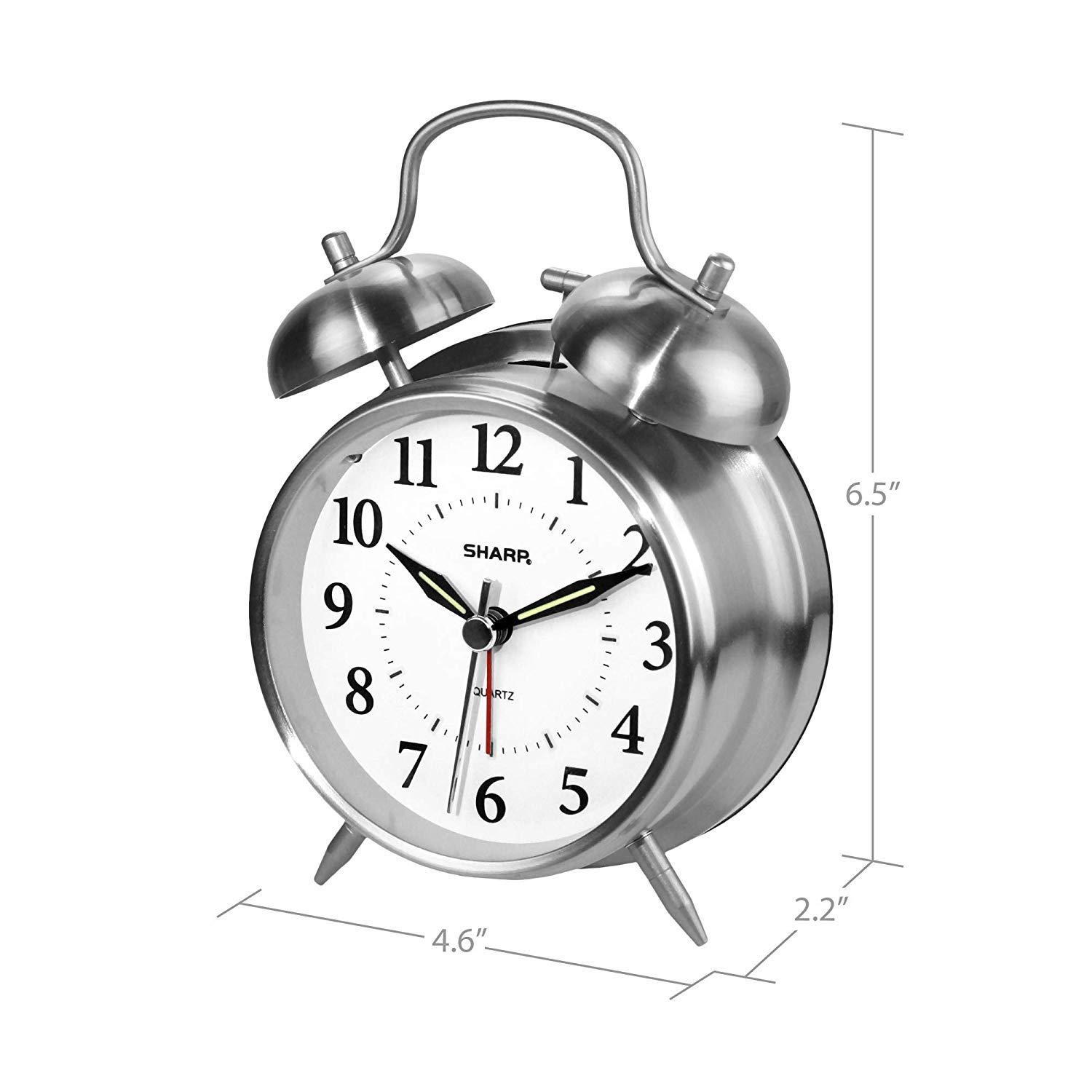 SHARP Twin Bell Quartz Analog Alarm Clock, Silver Brushed Metal, Loud Alarm, Battery Operated