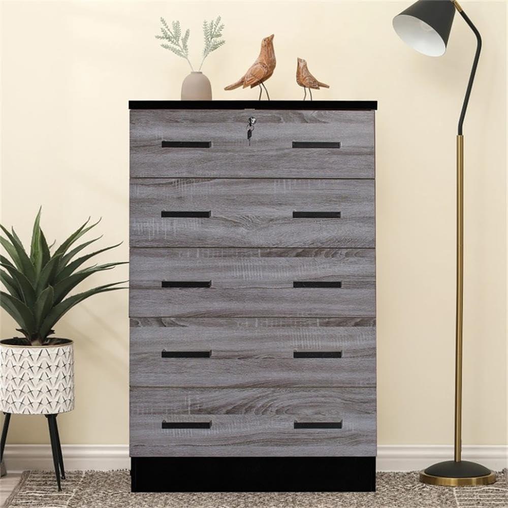 Cindy 5 Drawer Chest Wooden Dresser with Lock, Ebony Black