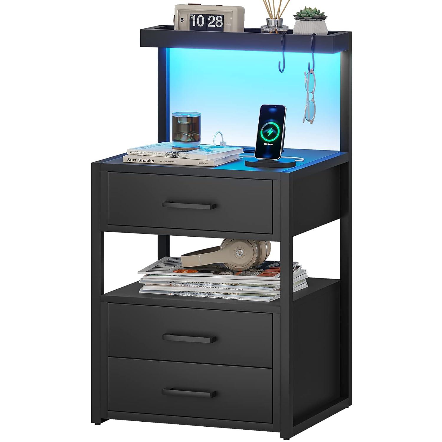 Afuhokles Led Nightstand with Charging Station,2 Drawers Night Stands with Led Lights, Black Bedside Tables with Storage Shelves