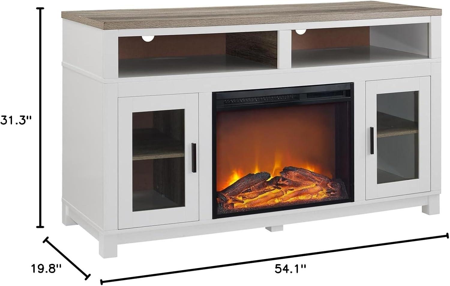 White MDF Electric Fireplace TV Stand with Glass Cabinets