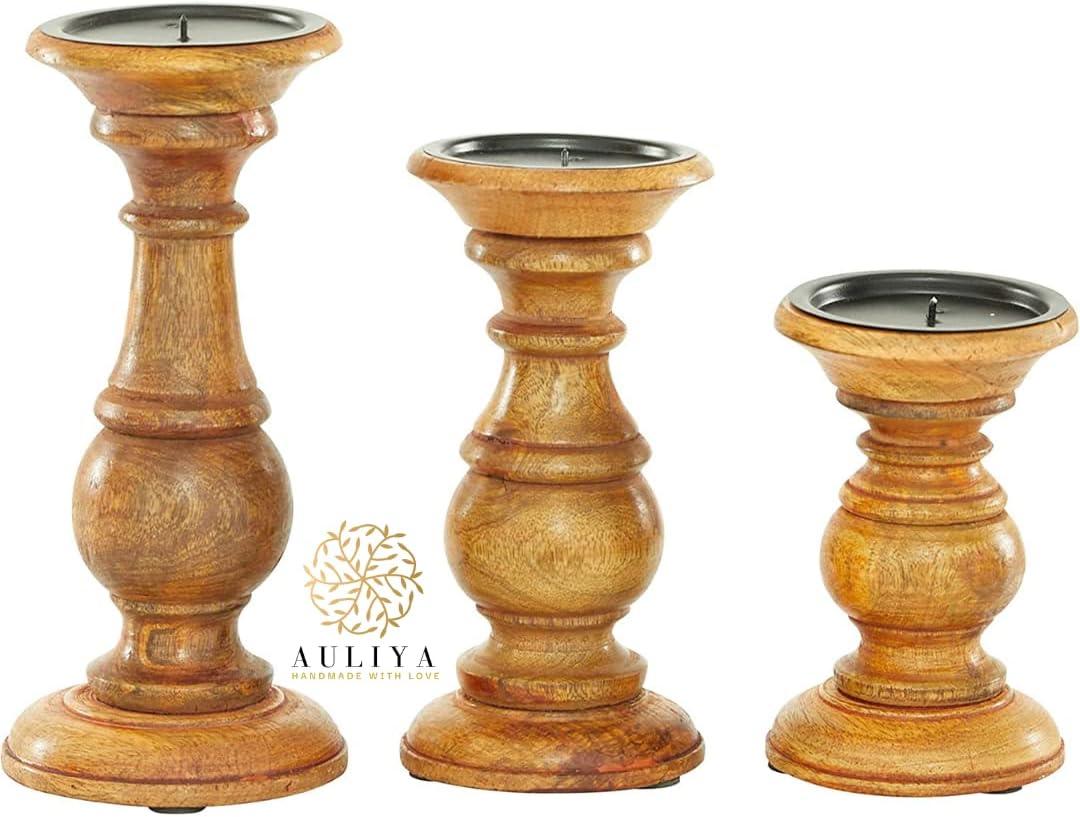 AULIYA Wooden Candle Holders Pillar Candles Holder Rustic Wood Stand Decorative Polish Candlestick Set of 3 for Home Decor - 6" 8" 10" Silver